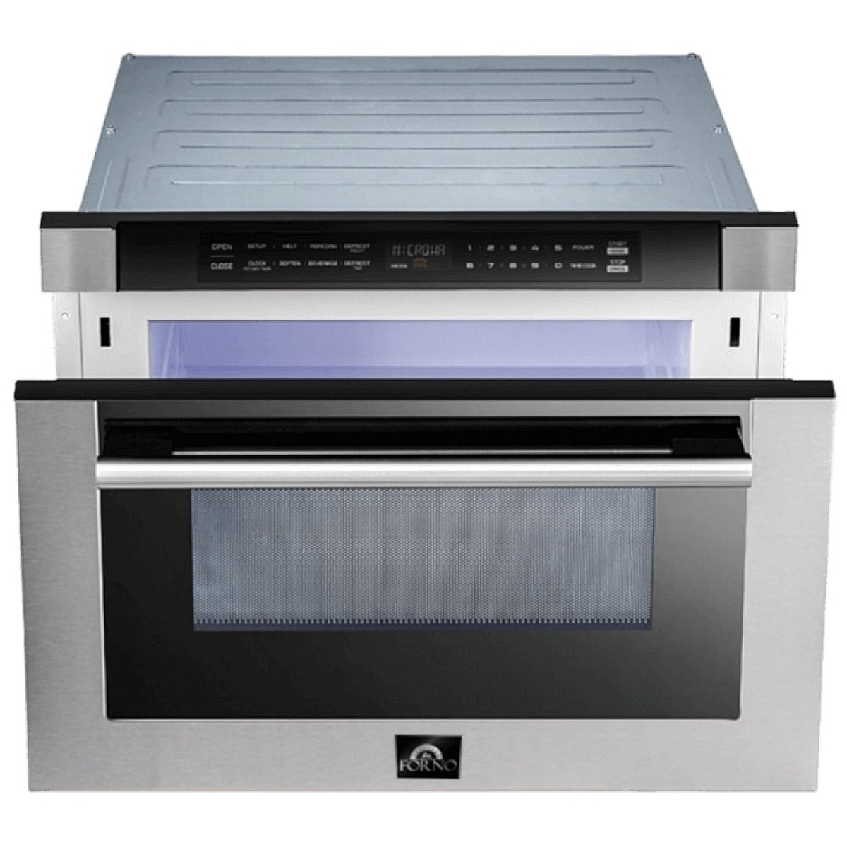 Forno FMWDR3000-24 microwave drawer shown partially open, revealing the illuminated interior cavity and front touch control panel