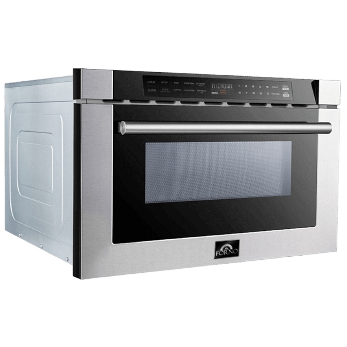 Forno FMWDR3000-24 microwave drawer shown from a three-quarter angle, highlighting the stainless steel exterior and stainless bar handle