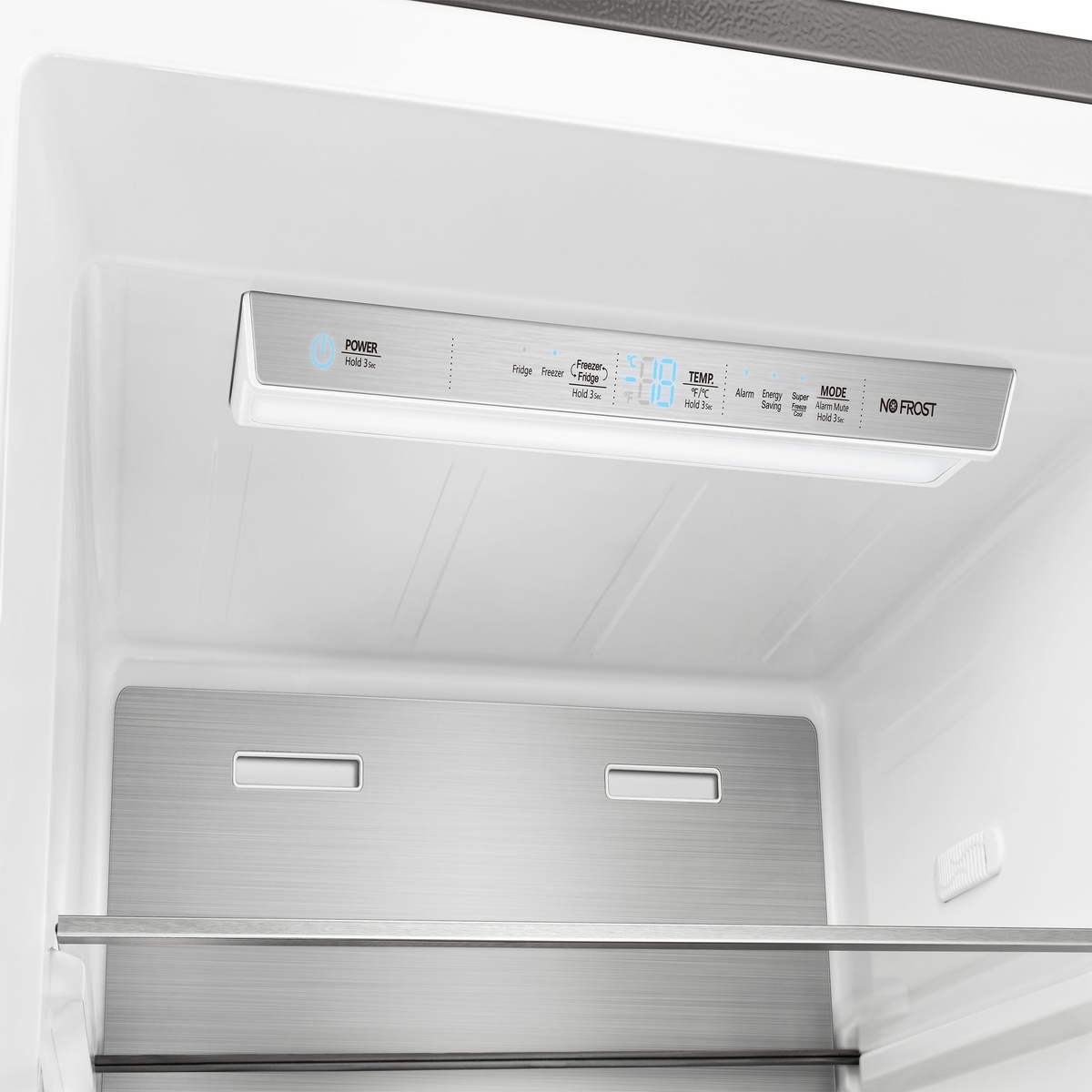 Close-up of the internal electronic touch control panel showing Fridge, Freezer, Freezer-to-Fridge, Temp, Alarm, Energy Saving, Super Freeze, and No Frost mode buttons with a digital temperature display