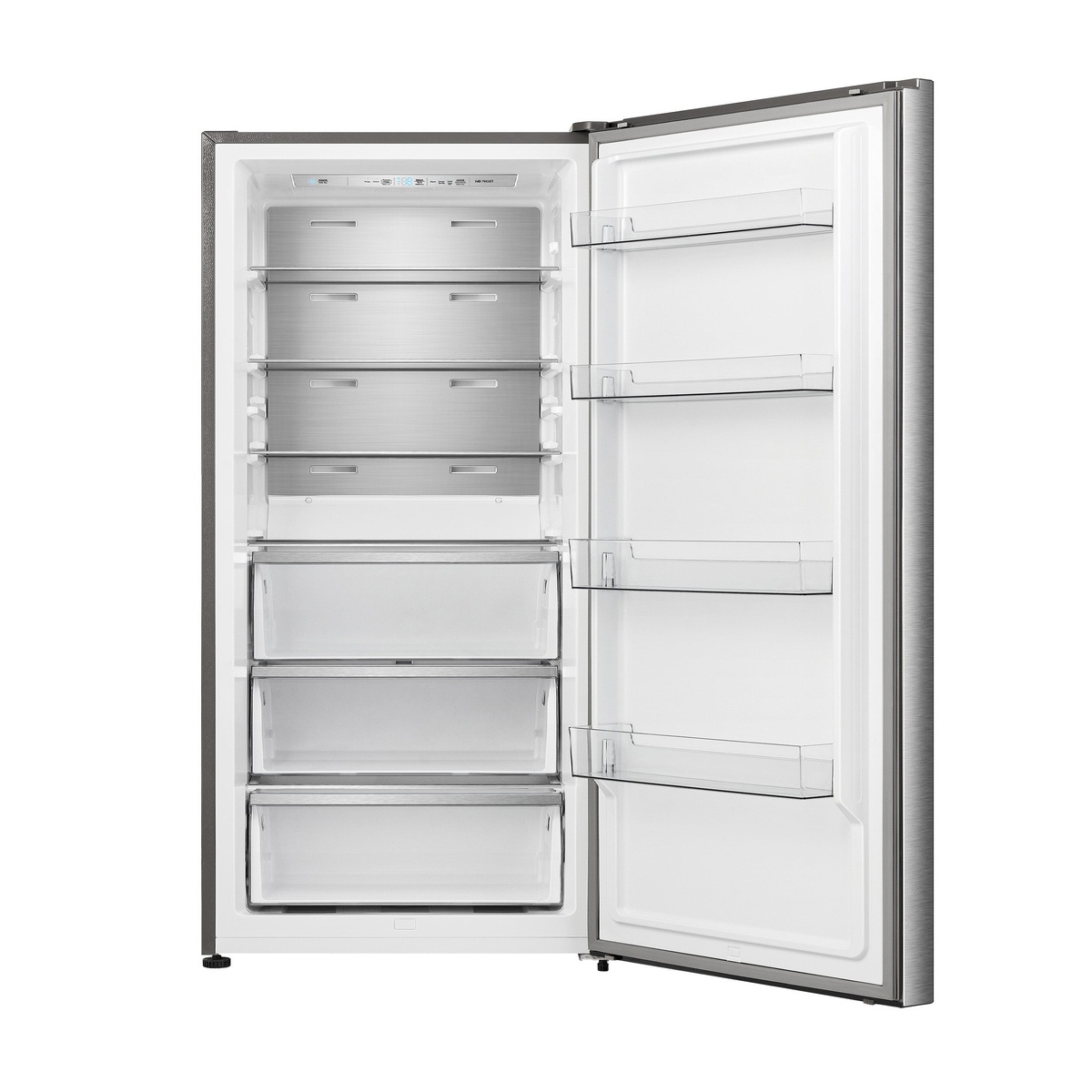 Forno Maderno refrigerator open front view showing multiple interior shelves, three removable drawers, and four door bins against a stainless steel exterior