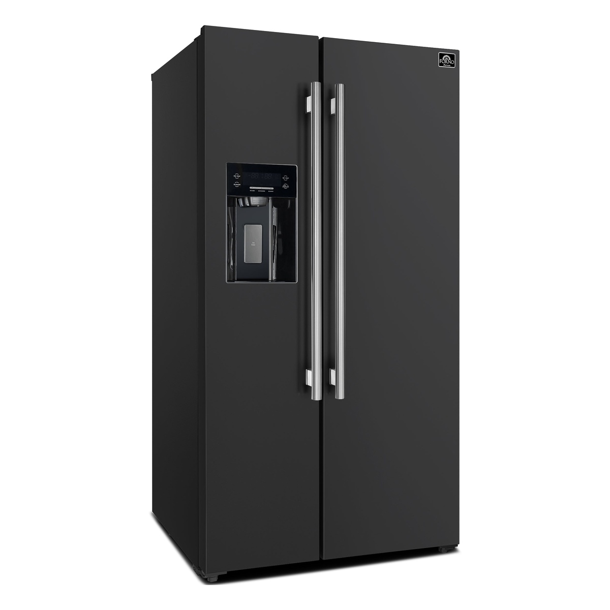 Forno Salerno FFRBI1844-36BLK black side-by-side refrigerator shown at a 45-degree angle, highlighting the external ice and water dispenser panel with touchscreen controls and stainless bar handles