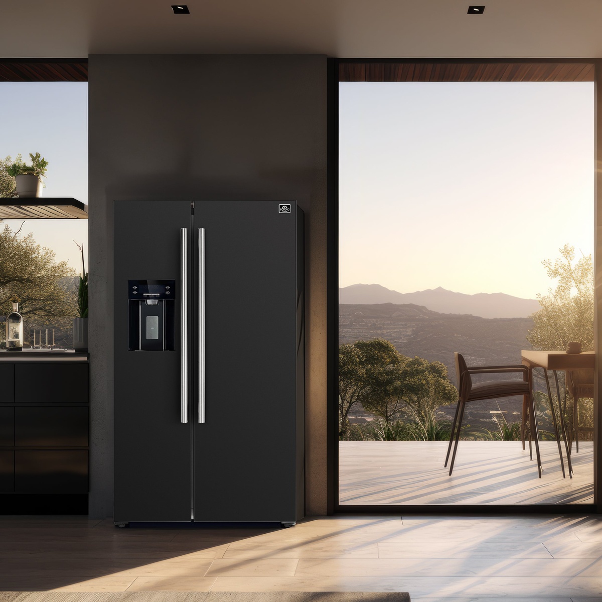 Forno Salerno black side-by-side refrigerator installed in a modern open-concept kitchen with floor-to-ceiling windows and a scenic outdoor view