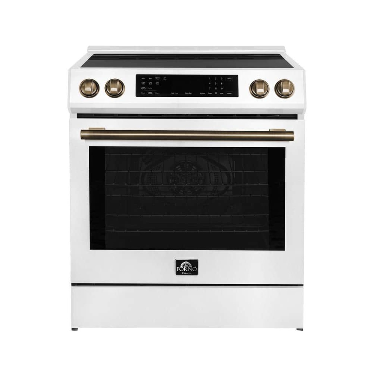 Front view of the Forno Espresso Donatello white slide-in induction range featuring antique brass knobs, oven handle, and black ceramic glass cooktop