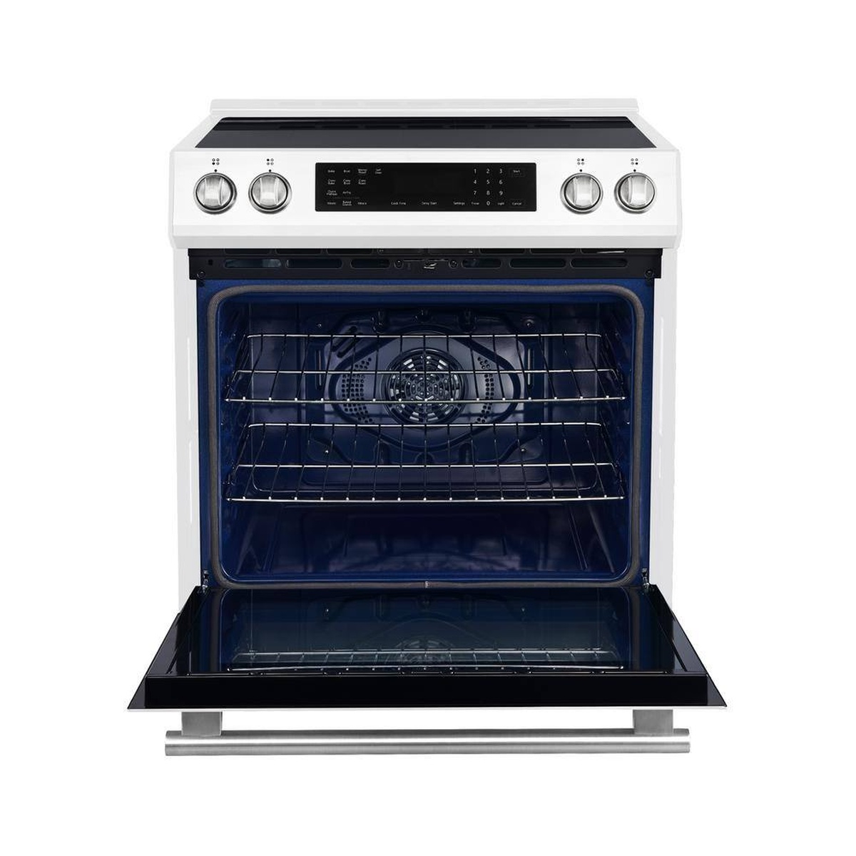 Forno FFSIN0905-30WHT oven interior open, showing speckled blue enamel walls, two oven racks, convection fan at the rear, and stainless steel handle