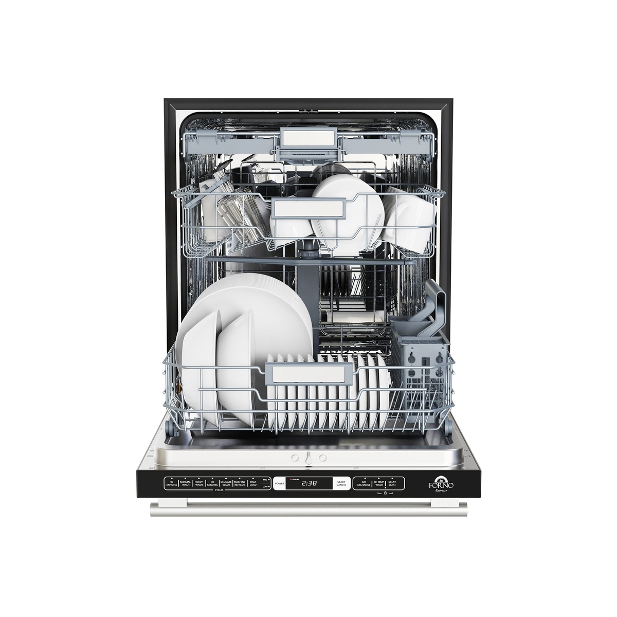 Forno 24-inch built-in dishwasher open front view showing three loaded racks, stainless steel tub, and top-of-door touch control panel with LED display