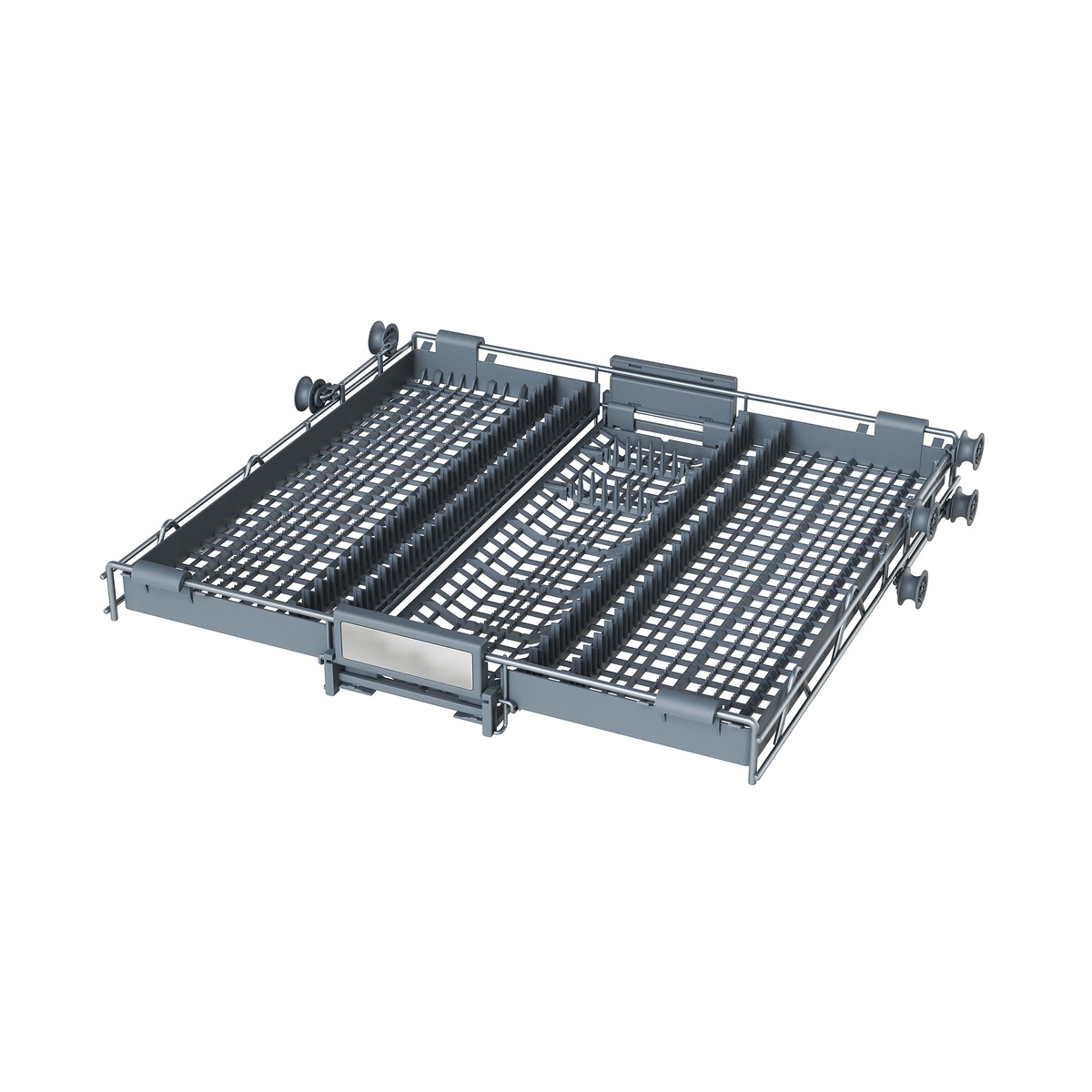 Forno dishwasher third-level utensil rack shown in detail, with divided cutlery zones and integrated small-item basket