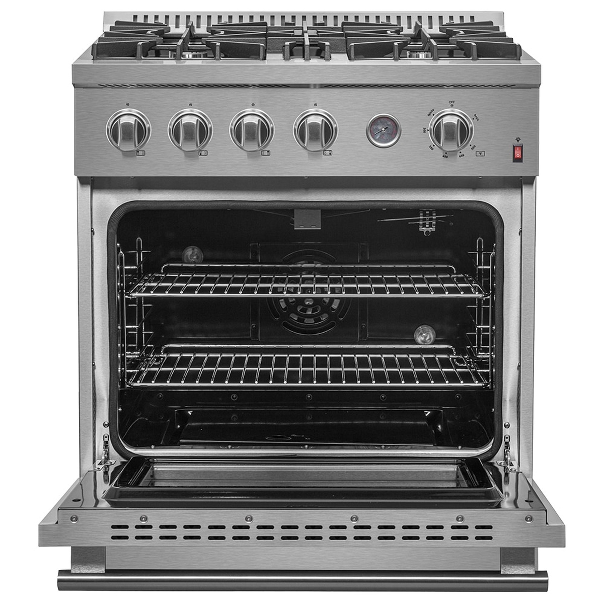 Front view of the Forno Marco range with oven door fully open, showing the black enamel oven interior, two wire racks, convection fan at the back wall, and halogen interior lighting
