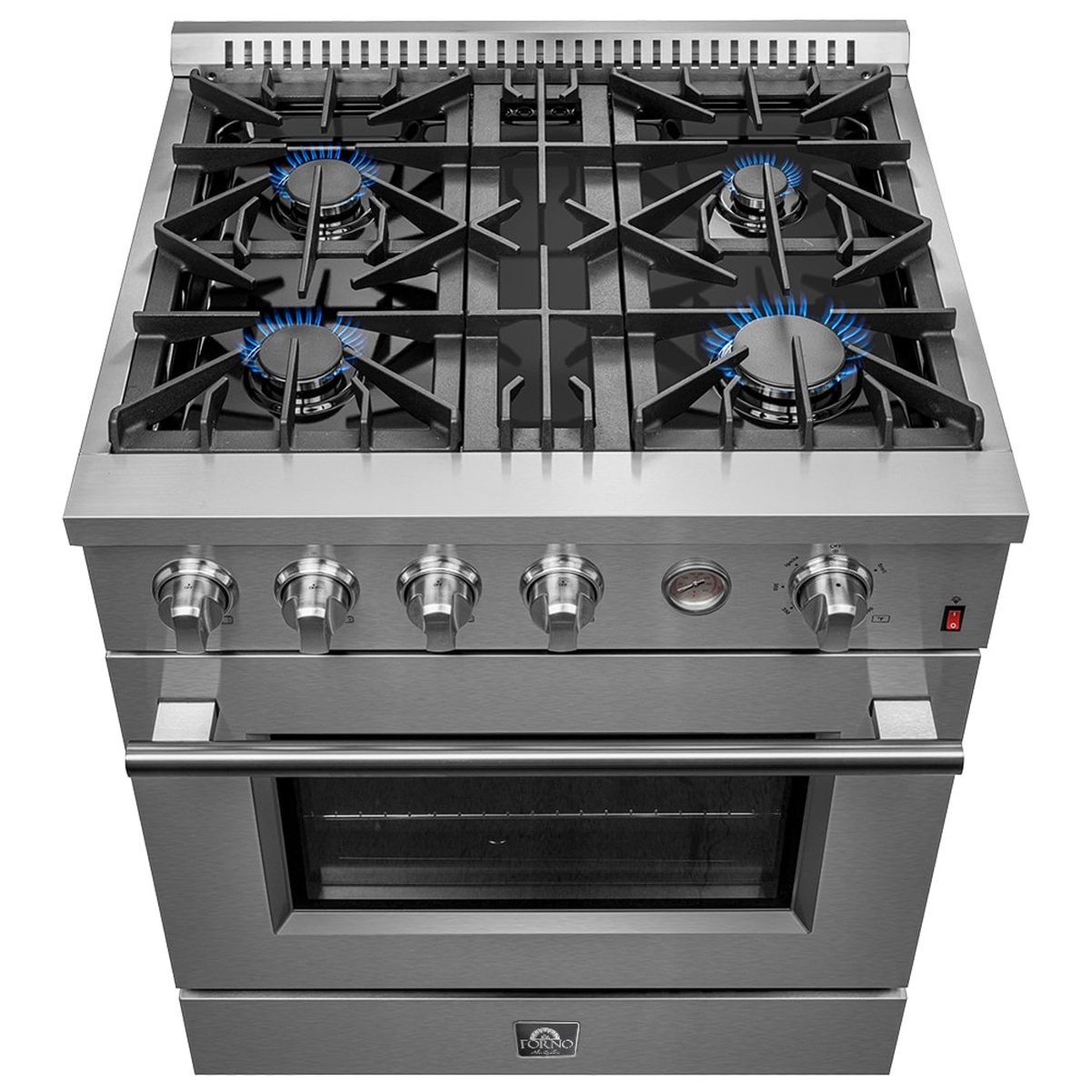 Top-down view of the Forno Marco 30-inch gas range showing four sealed burners with blue flames lit, continuous cast iron grates, control knobs, and built-in temperature gauge