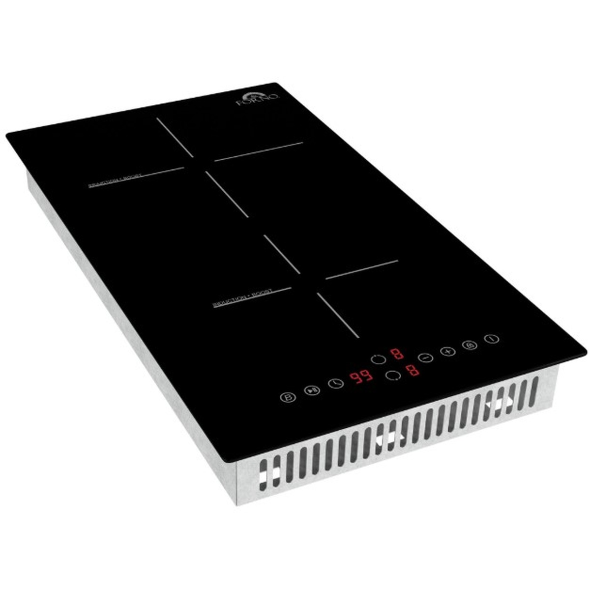 Angled overhead view of the Forno Parco induction cooktop showing black glass cooking surface, two induction zones, red LED controls, and stainless steel side trim