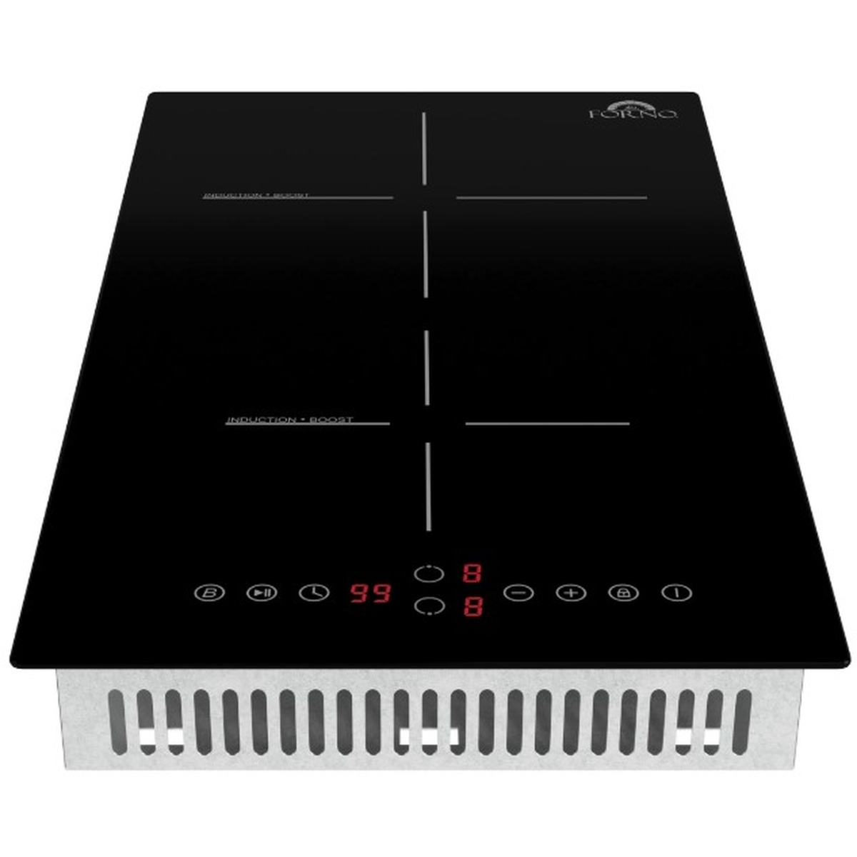 Front-angled view of the Forno Parco 12-inch induction cooktop showing black glass surface with two Induction + Boost zones, red LED digital display, touch controls, and stainless steel trim