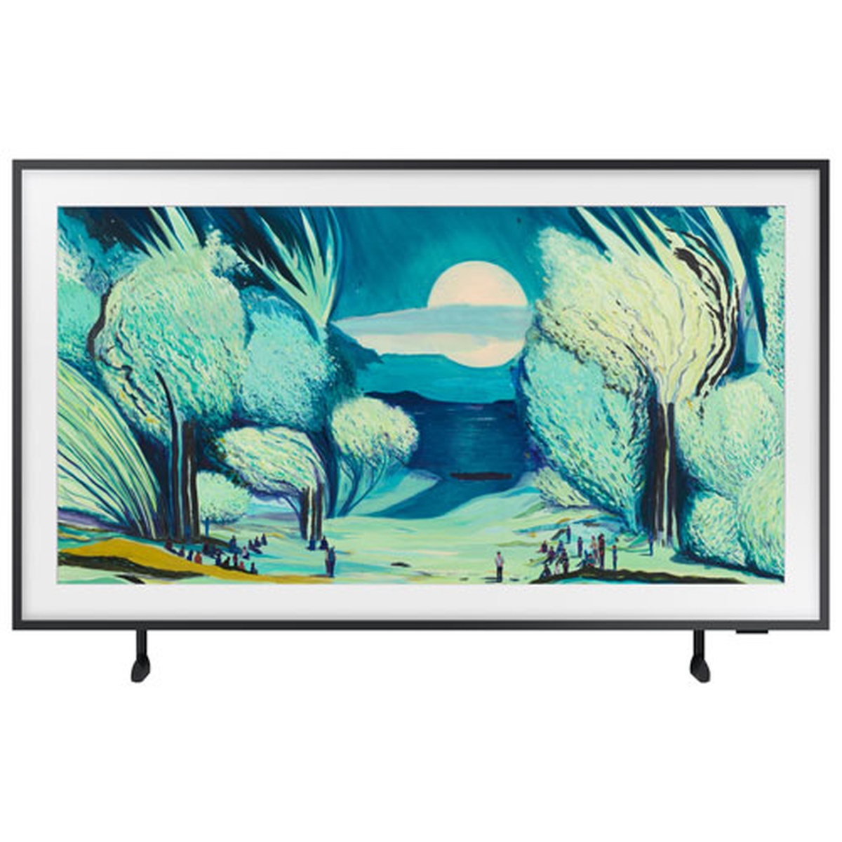 Samsung The Frame 43-inch TV displayed front-on showing an art painting of a moonlit forest scene in its picture-frame design