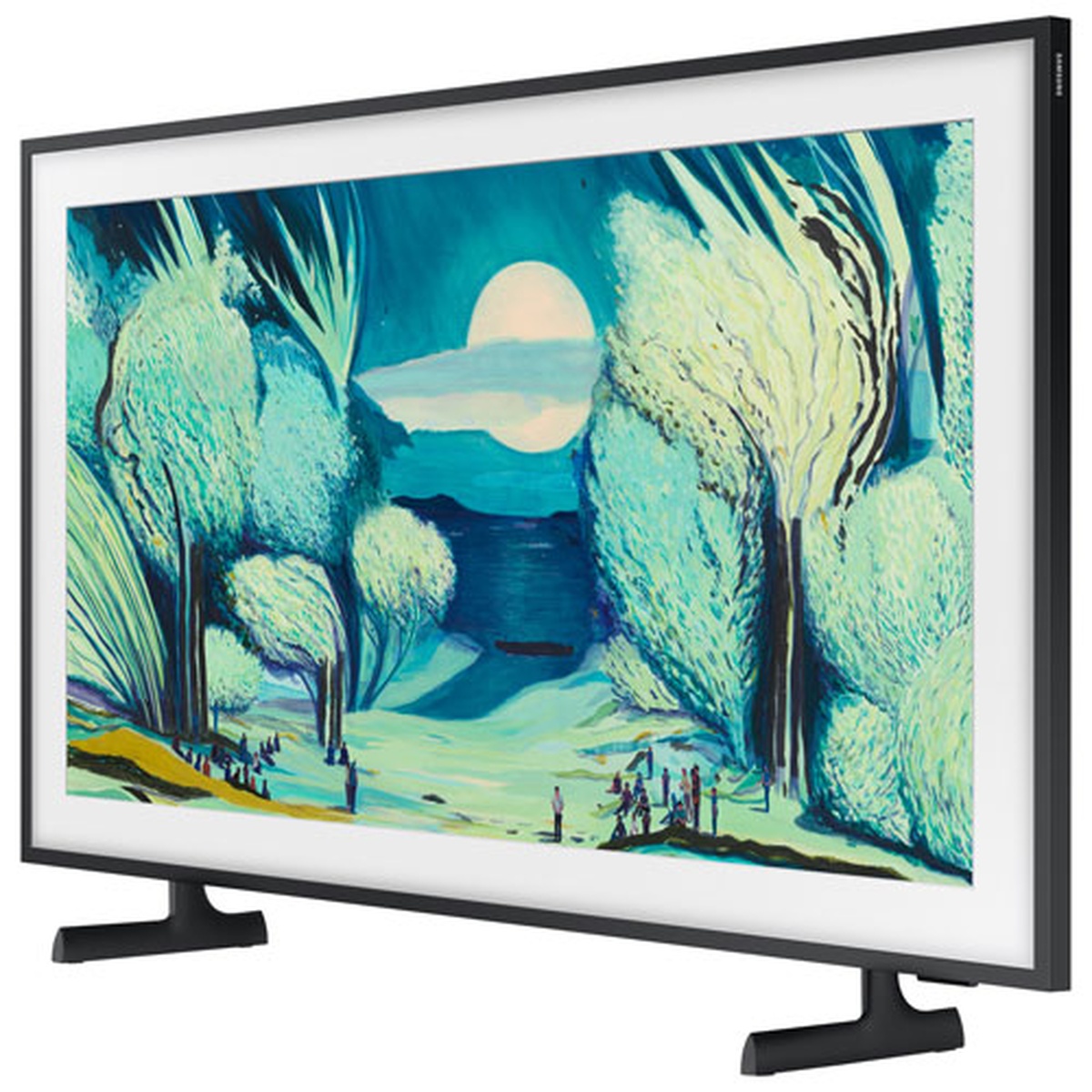 Samsung The Frame 43-inch TV shown from the right side angle, highlighting the slim black frame profile and stand design