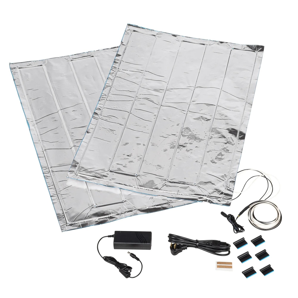 Frigidaire Single-Door Pairing Kit components laid out on a white background, including two large silver reflective heater assembly panels, a black power supply adapter, an AC power cable, two strips of double-sided tape, and six black mounting clips