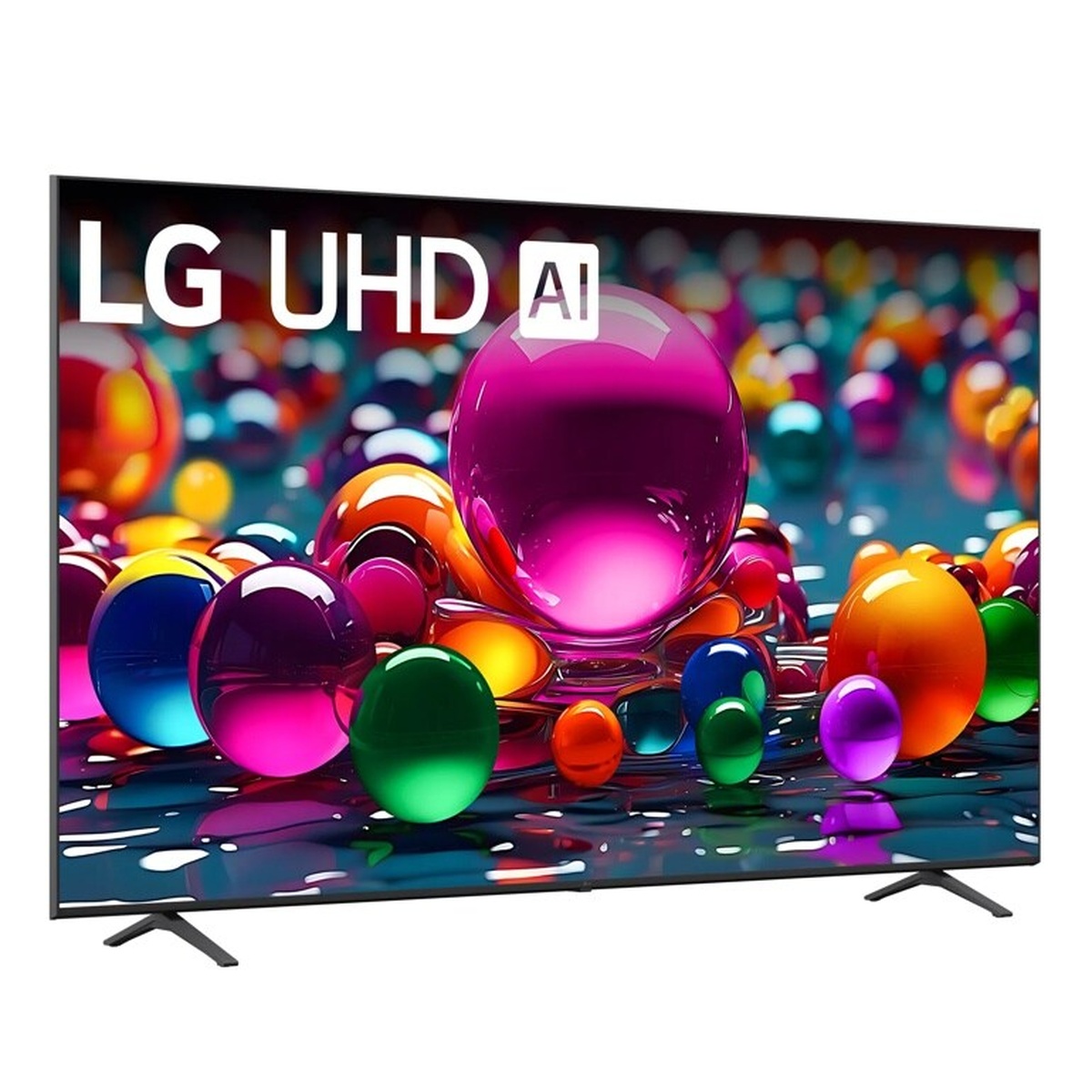 Angled front view of the LG 86UA9000AUC 4K UHD AI TV displaying vivid, colorful imagery with a slim profile and two-leg stand