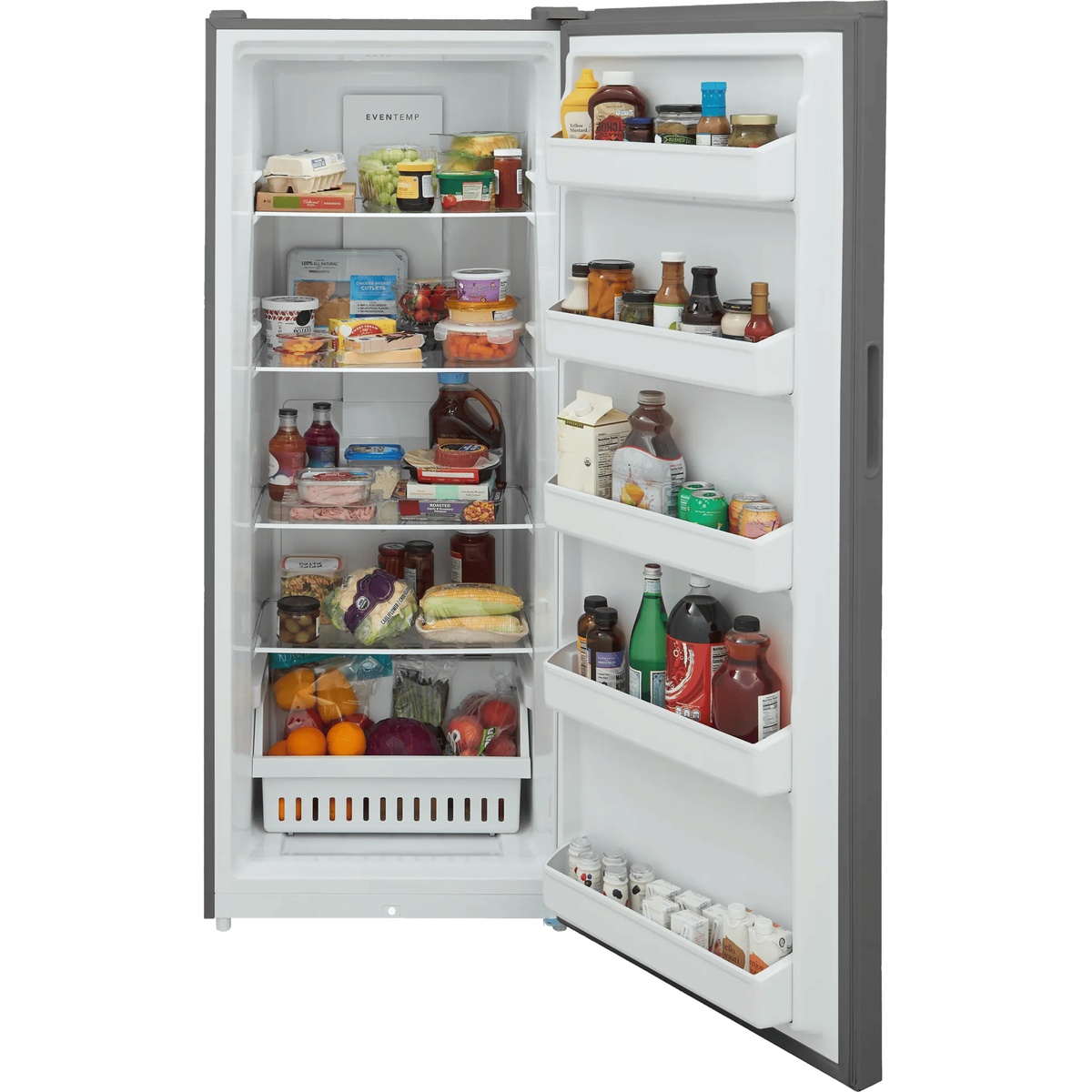 Frigidaire FFUE1626AV upright freezer open door view showing EvenTemp cooling label, multiple adjustable wire shelves fully stocked with food, and five door bins loaded with bottles and condiments
