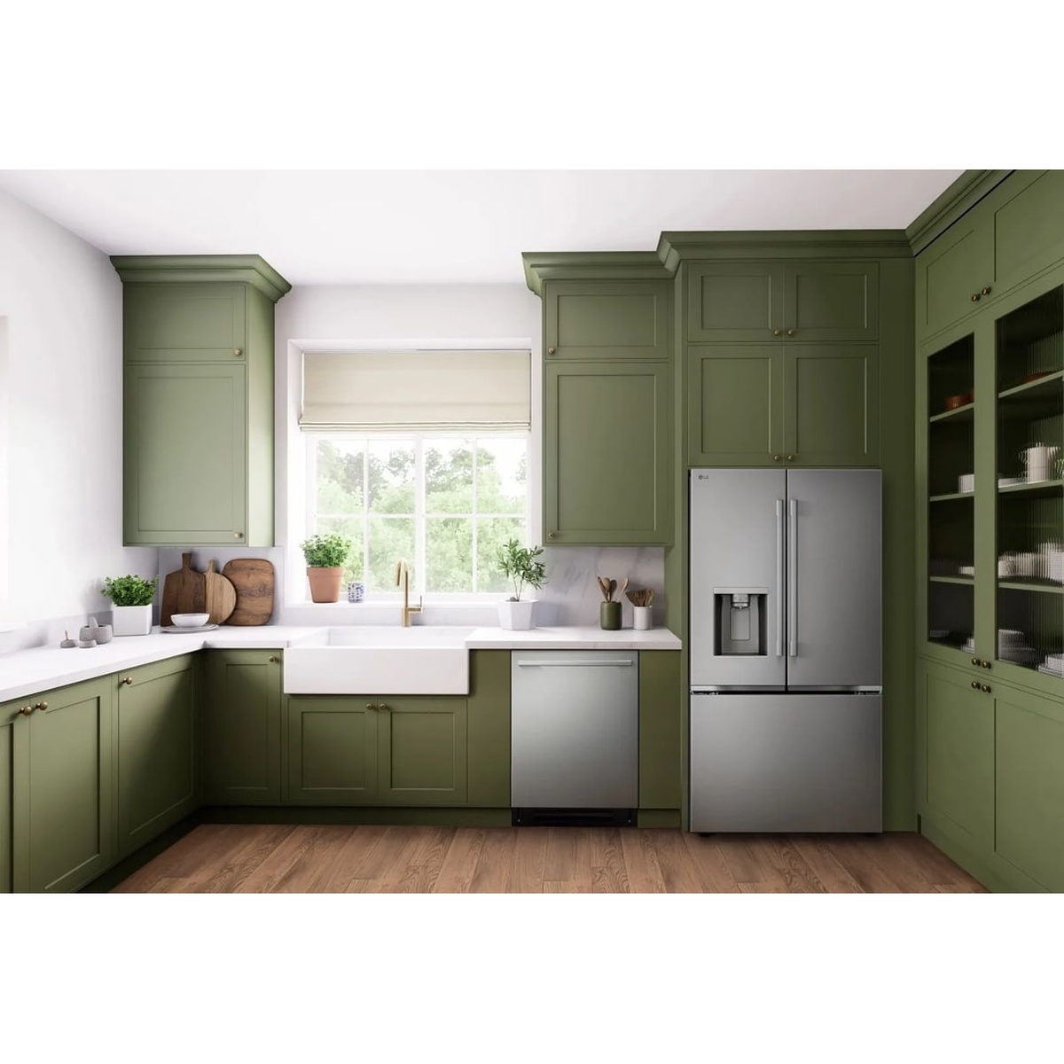 LG LF24Z6330S stainless steel French door refrigerator installed flush with green cabinetry in a bright kitchen