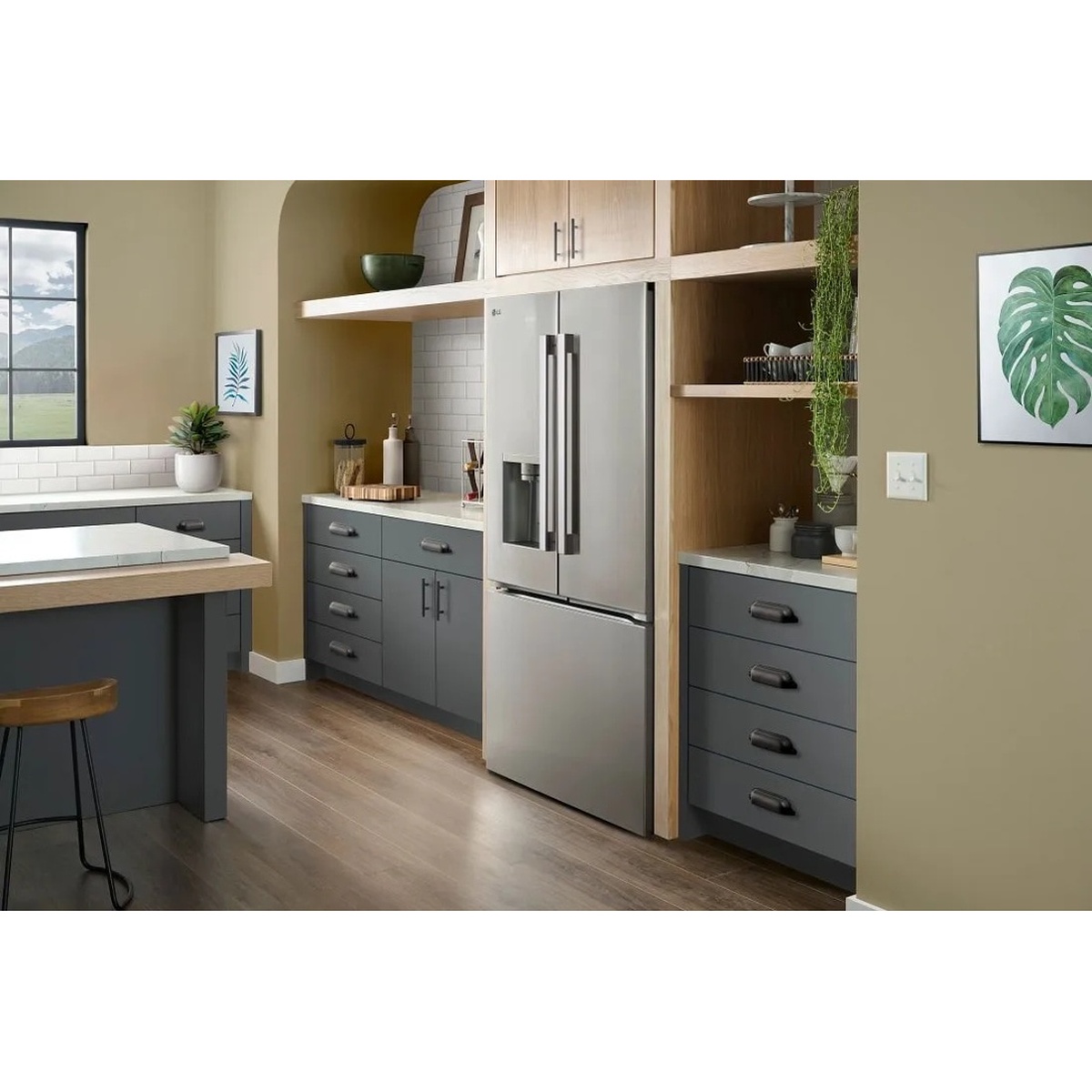 LG LF24Z6330S stainless steel French door refrigerator installed between open wood shelving and gray cabinetry in a modern kitchen