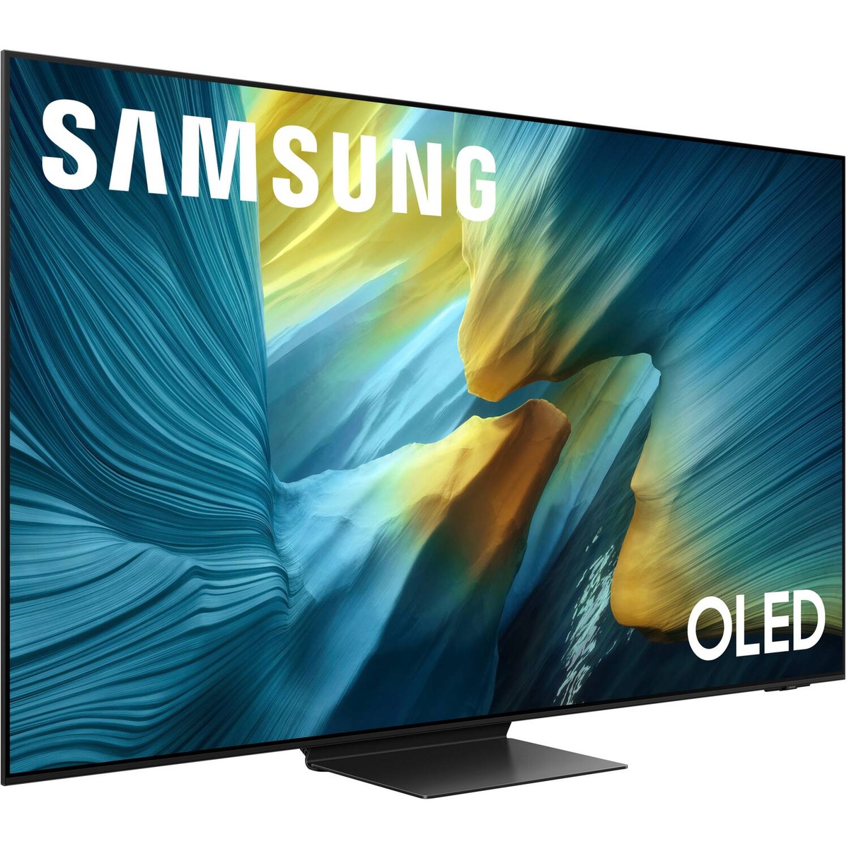 Samsung 77-inch S95F OLED TV shown at an angle displaying vivid canyon artwork on screen with a slim graphite black bezel and stand