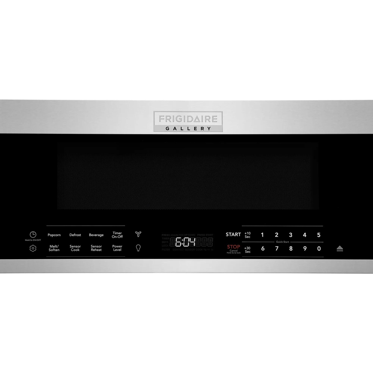 Close-up of the Frigidaire Gallery GMOS1266AF capacitive touch control panel showing Sensor Cook, Sensor Reheat, Quick Start number pad, and digital clock display