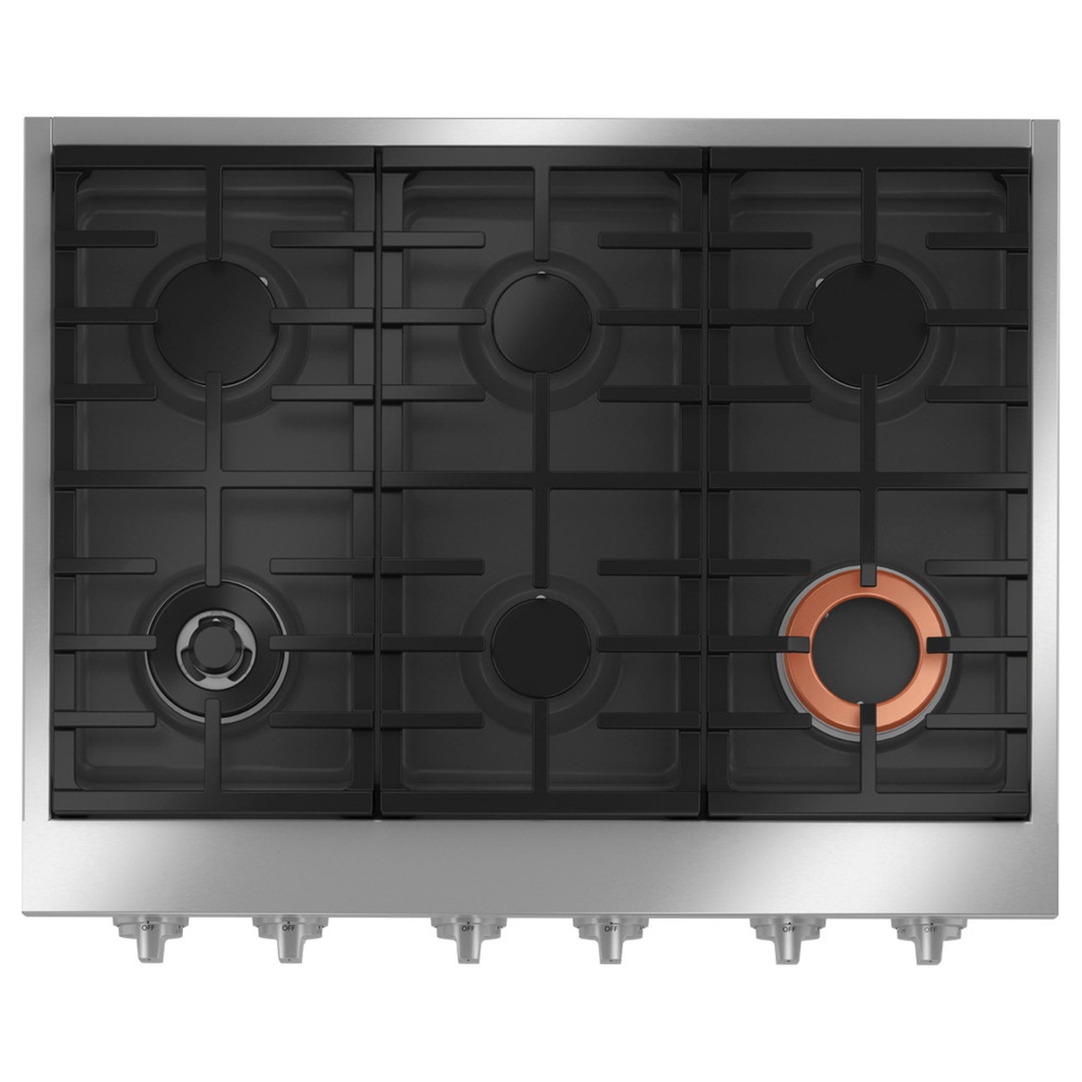 Top-down view of the Café CGU366P2TS1 rangetop showing six burner layout with one copper-accented Inspiral multi-ring burner on the right front position