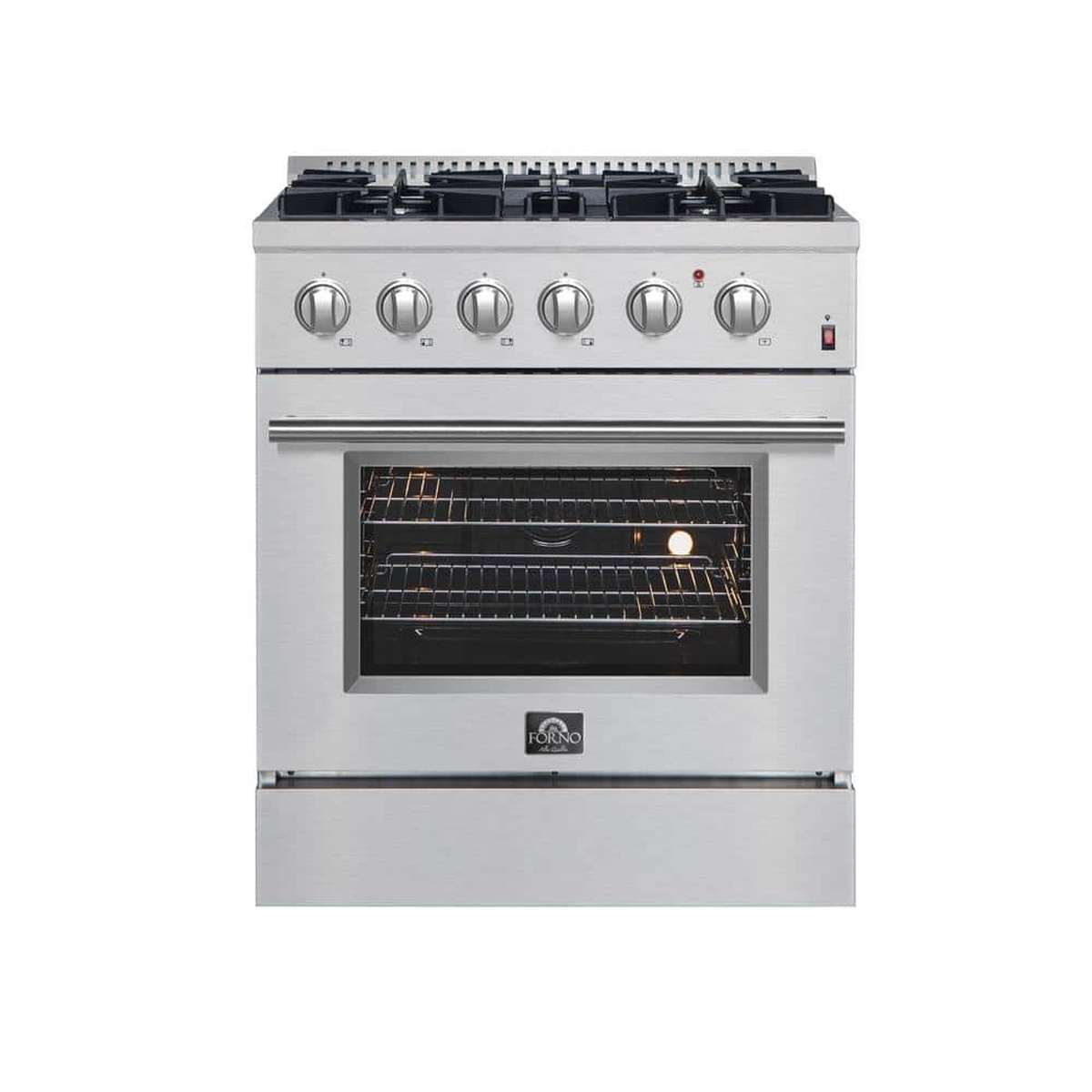 Front view of the Forno Marco FFSGS6197-30 30-inch stainless steel dual fuel range with oven door open showing interior racks and halogen lighting