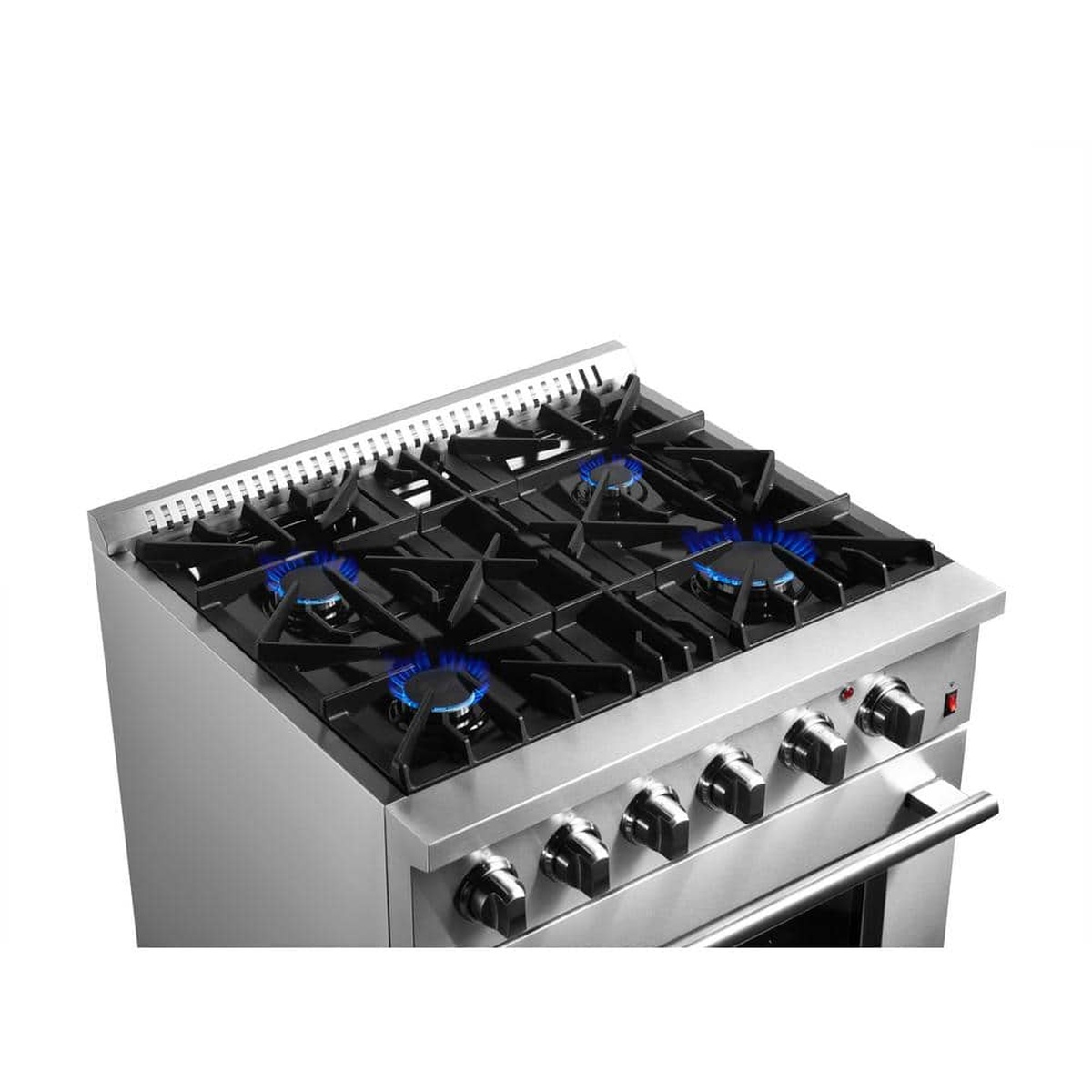 Close-up overhead view of the Forno Marco 30-inch dual fuel range showing all 4 gas burners lit with blue flames on a black enamel cooktop with cast iron grates