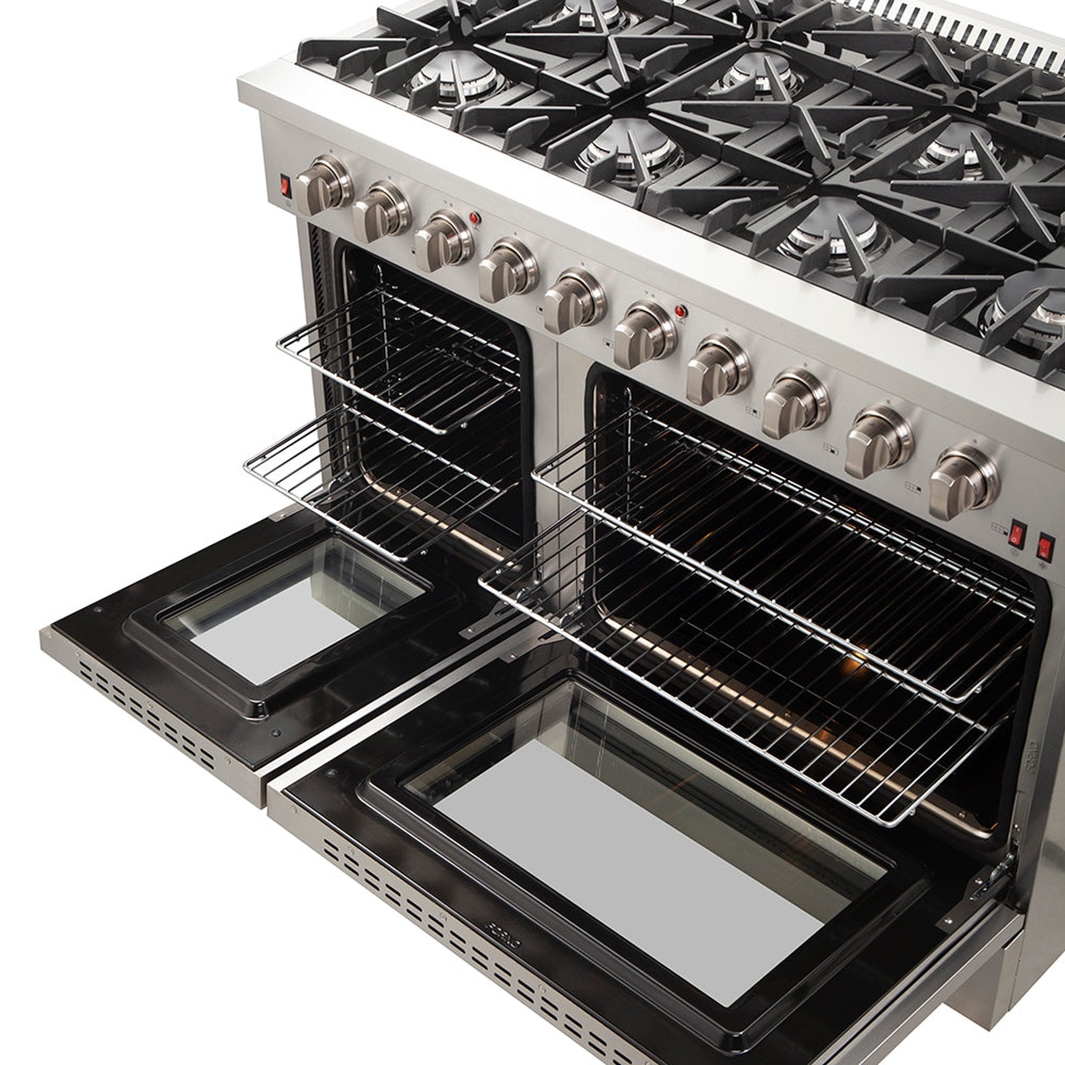 Top angled view of the Forno Galiano 48-inch gas range showing 8 sealed burners with cast iron grates and both oven doors open with wire racks visible inside black enamel cavities