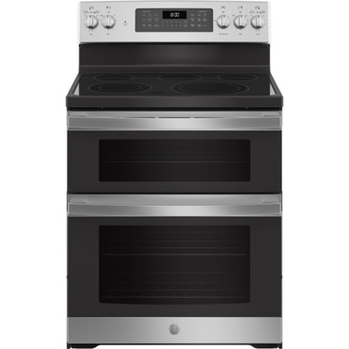 Front view of the GE JBS86SPSS stainless steel 30-inch freestanding electric double oven range with smoothtop cooktop and digital backsplash controls