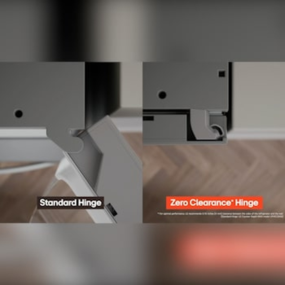 Side-by-side comparison of a standard hinge versus the LG Zero Clearance hinge showing reduced side space requirement