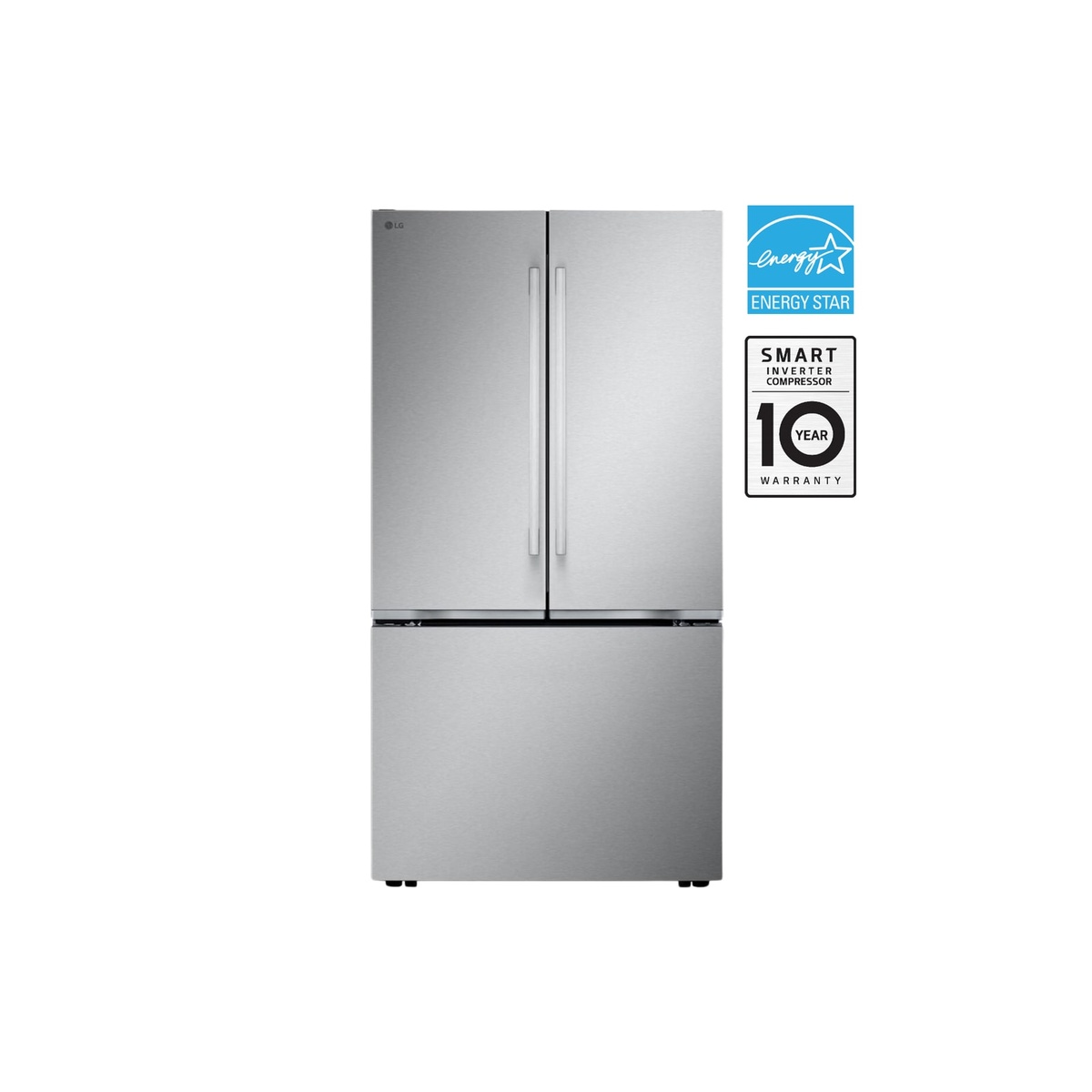 LG LF25BZH42S stainless steel French door refrigerator shown with ENERGY STAR badge and Smart Inverter Compressor 10-year warranty badge