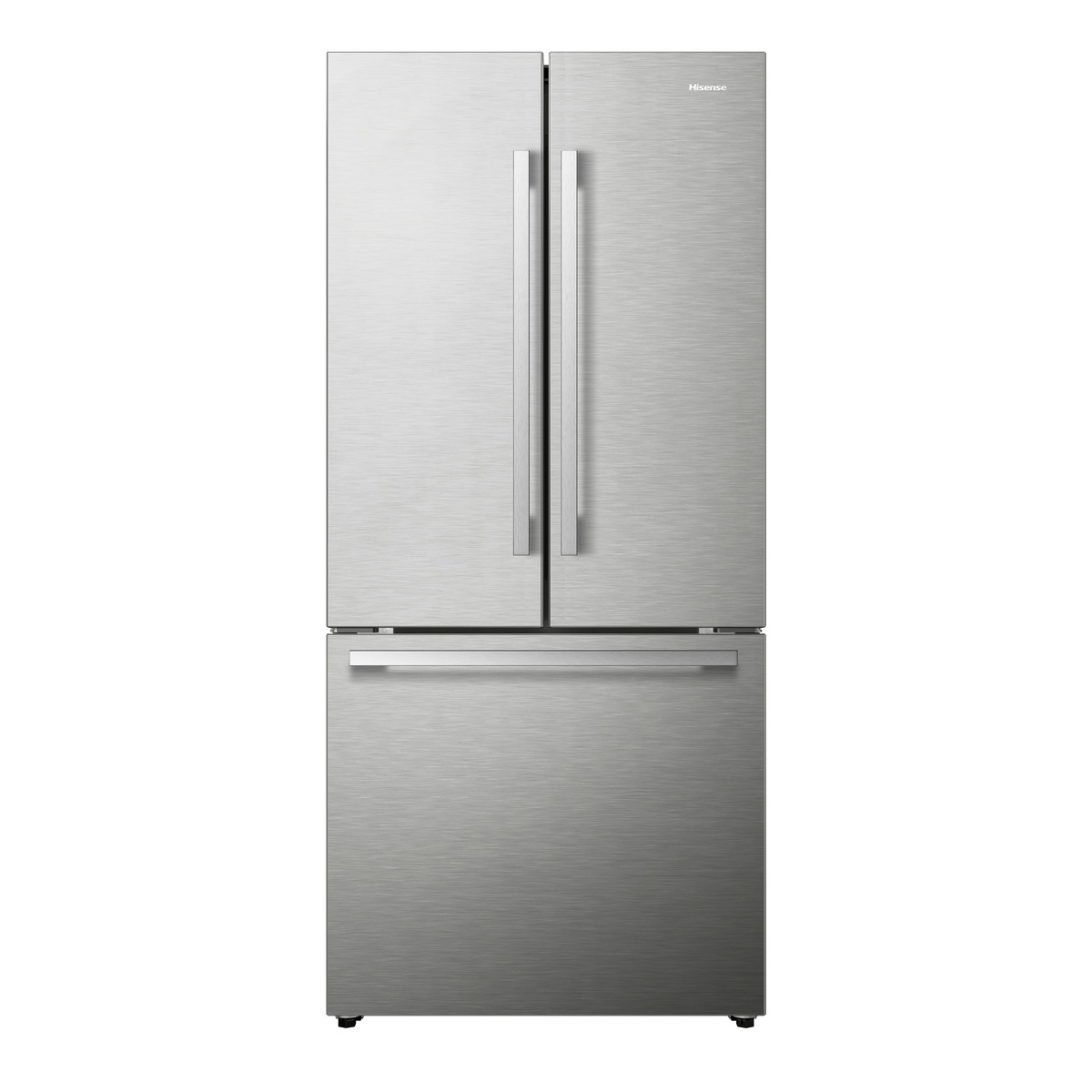 Hisense RF210N6AHE stainless steel French door refrigerator closed, front view showing bar handles and bottom freezer drawer