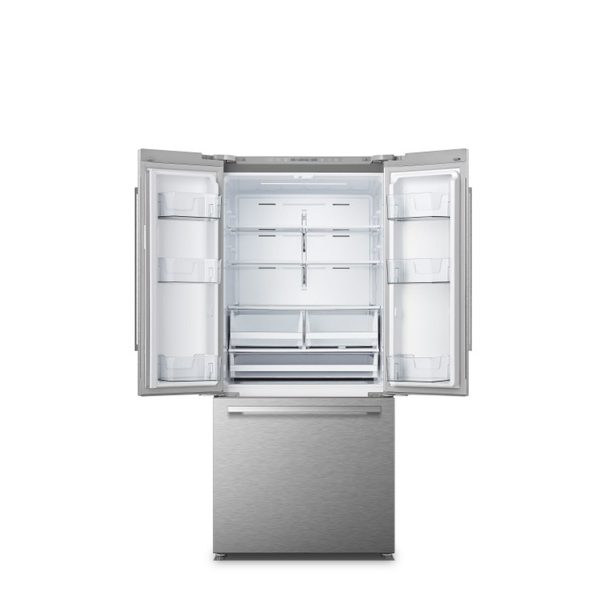Hisense RF210N6AHE French door refrigerator open, showing multiple interior glass shelves, full-width door bins on both doors, and bottom freezer drawer