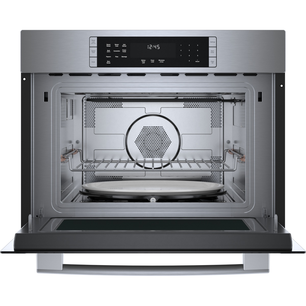 Bosch HMC54151UC 24 inch stainless steel speed oven with door open showing interior cavity