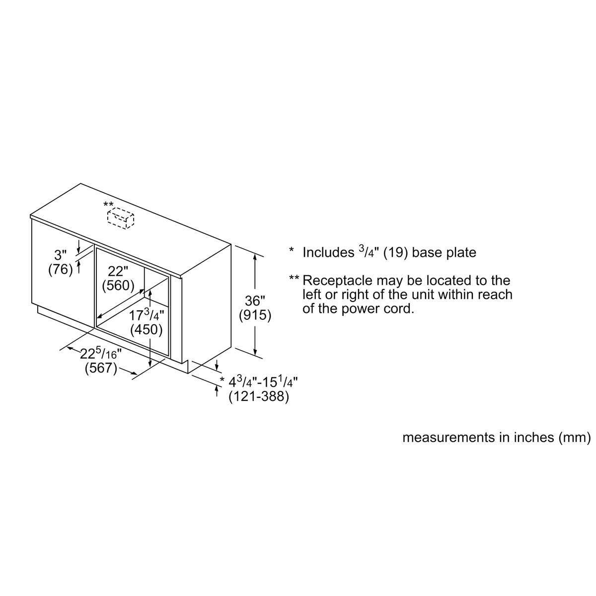 Technical line drawing of the Bosch HMC54151UC speed oven showing cutout and overall dimensions in inches and millimetres