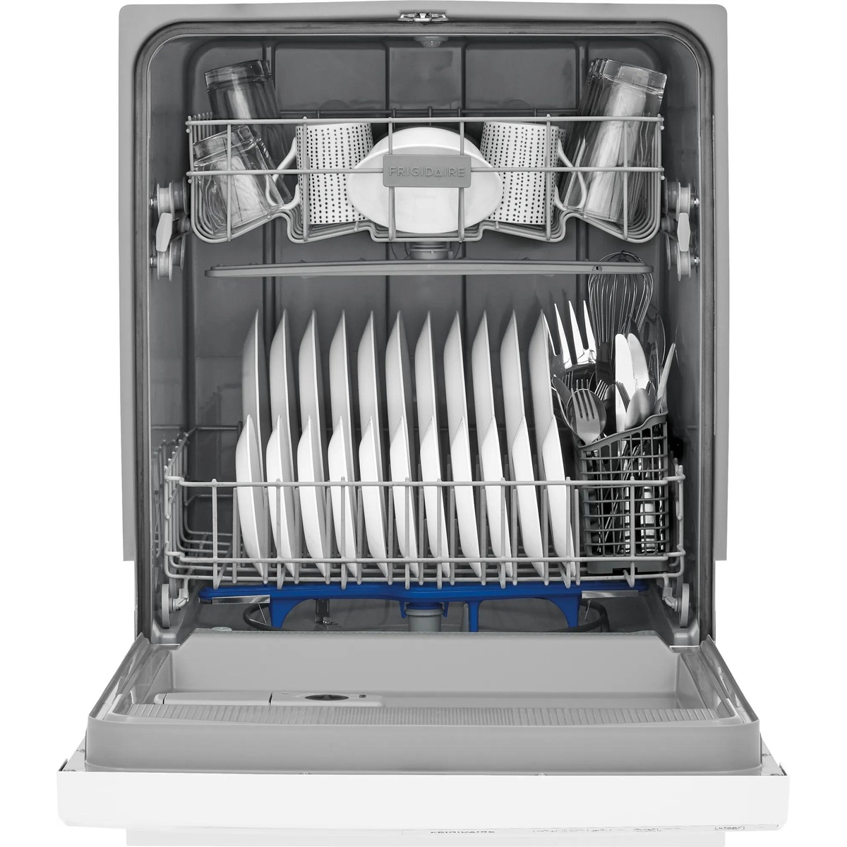 Frigidaire FFCD2413UW dishwasher interior fully loaded with plates, glasses, cups, and cutlery in both upper and lower racks