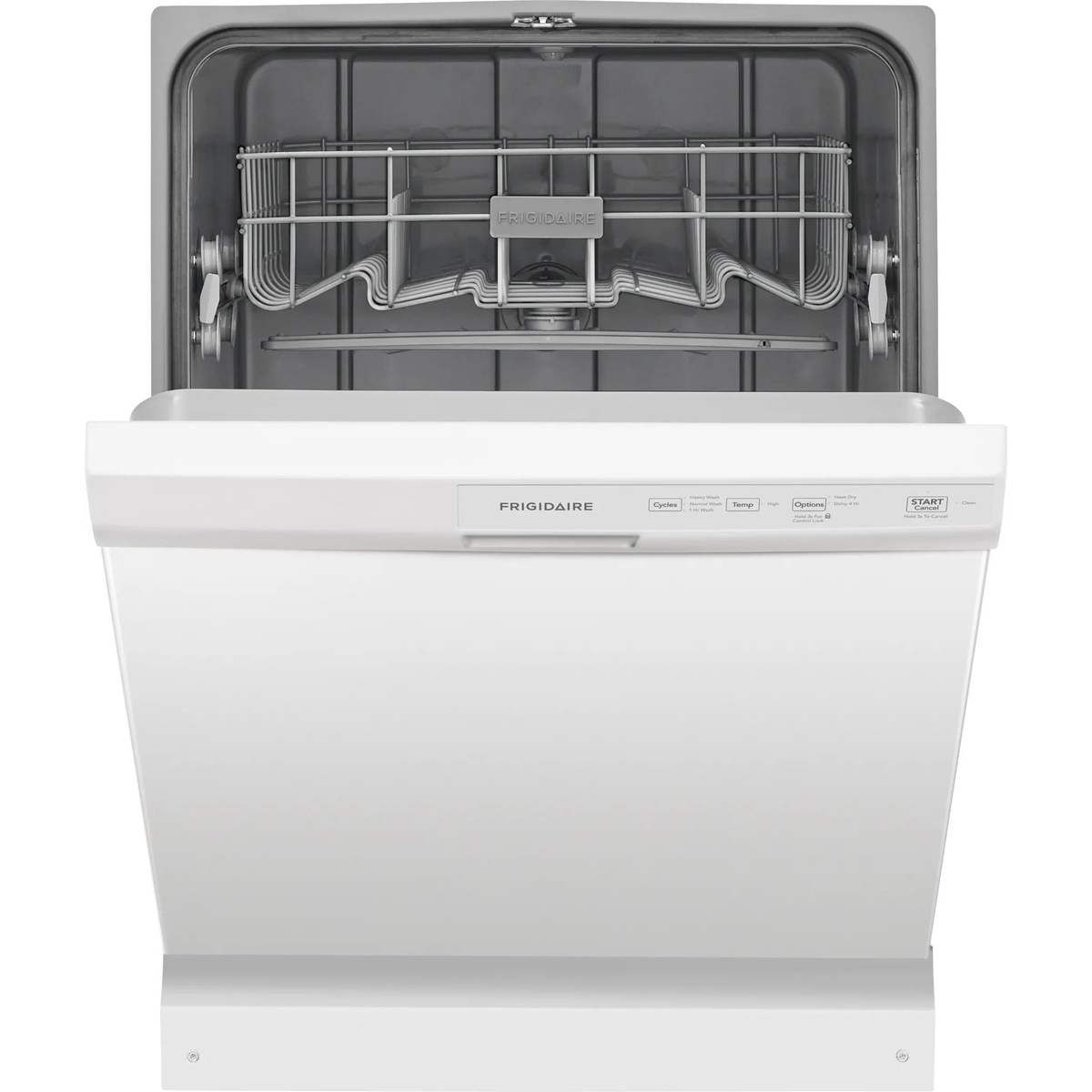 Frigidaire FFCD2413UW white dishwasher with door open showing front control panel with cycle, temperature, options, and start/cancel buttons