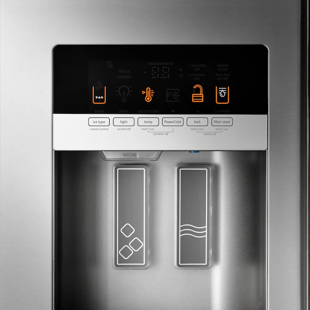 Close-up of the Maytag refrigerator external control panel showing ice type, light, temp, PowerCold, lock, and filter reset buttons with illuminated orange icons