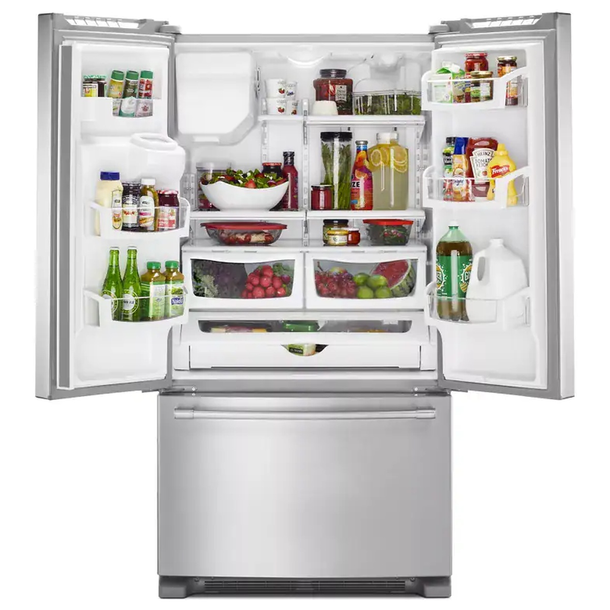 Maytag MFI2570FEZ French door refrigerator fully open and stocked with food, showing adjustable shelving, humidity-controlled drawers, and a bottom freezer compartment