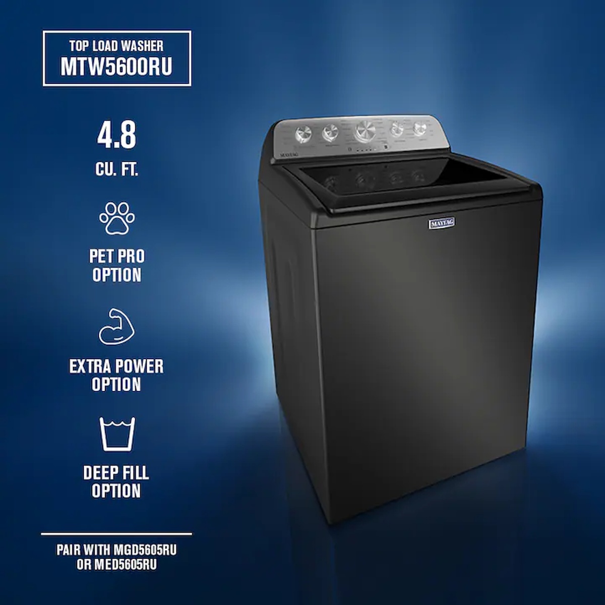 Maytag MTW5600RU top-load washer in a dark finish with an infographic showing 4.8 cu. ft. capacity plus Pet Pro, Extra Power, and Deep Fill options