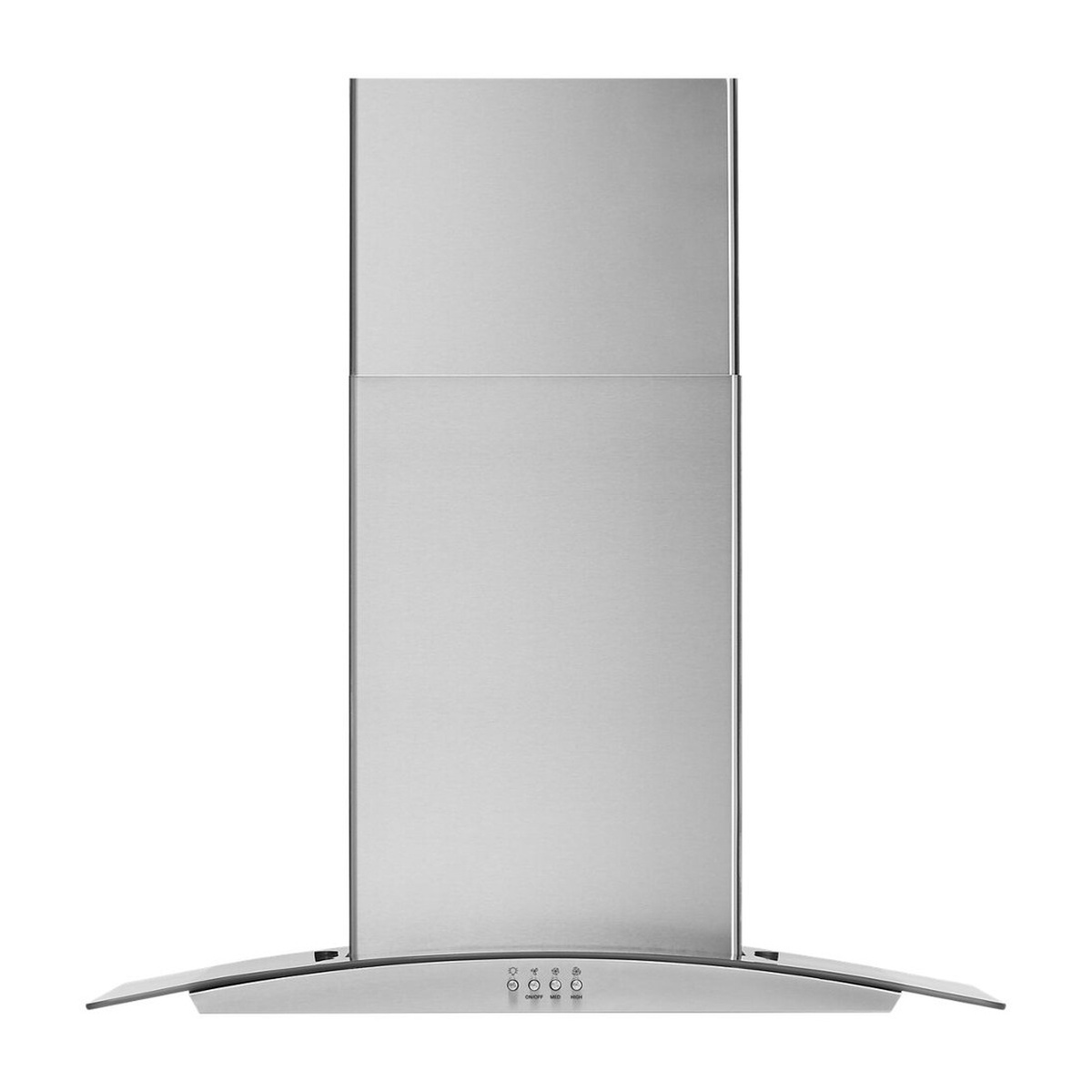 Whirlpool WVW51UC0LS 30-inch curved glass wall mount range hood, front view showing stainless steel canopy and arched glass panel with ON/OFF, MED, and HIGH controls