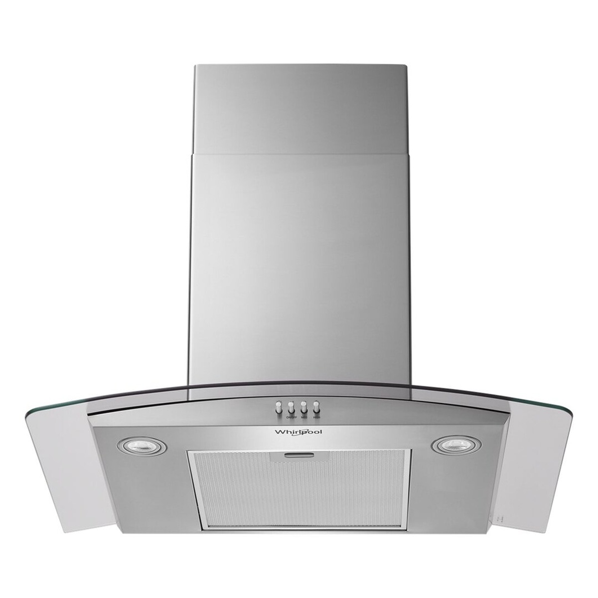 Bottom-up view of Whirlpool curved glass range hood showing grease filter, two built-in round lights, curved glass wings, and control buttons with Whirlpool branding
