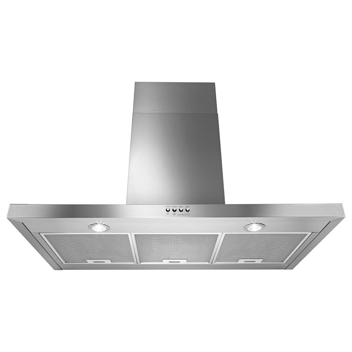 Bottom view of the Whirlpool WVW57UC6FS range hood showing mesh grease filters and two LED task lights