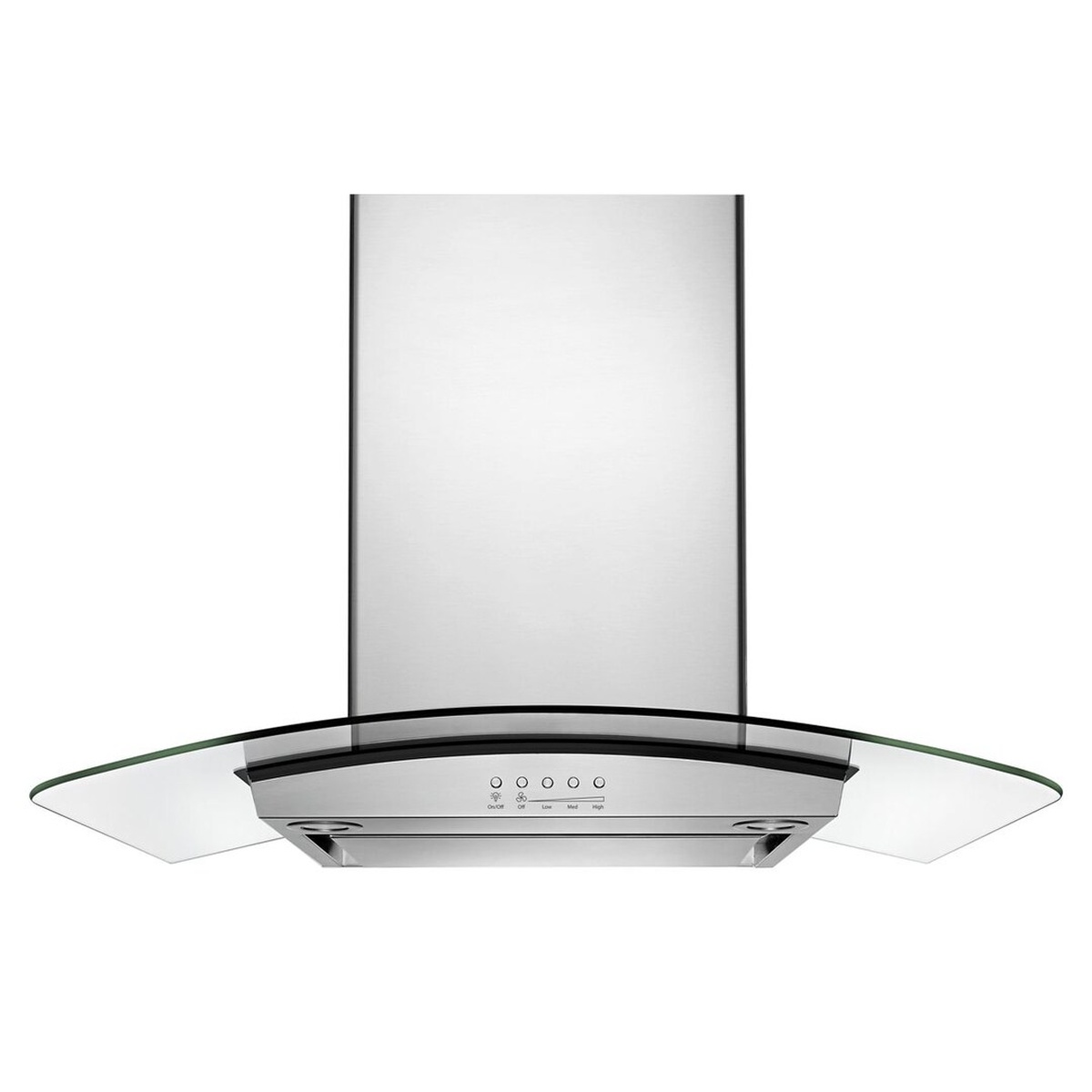 Angled underside view of Whirlpool WVW75UC6DS showing curved glass canopy, stainless steel body, and touch control panel with speed settings