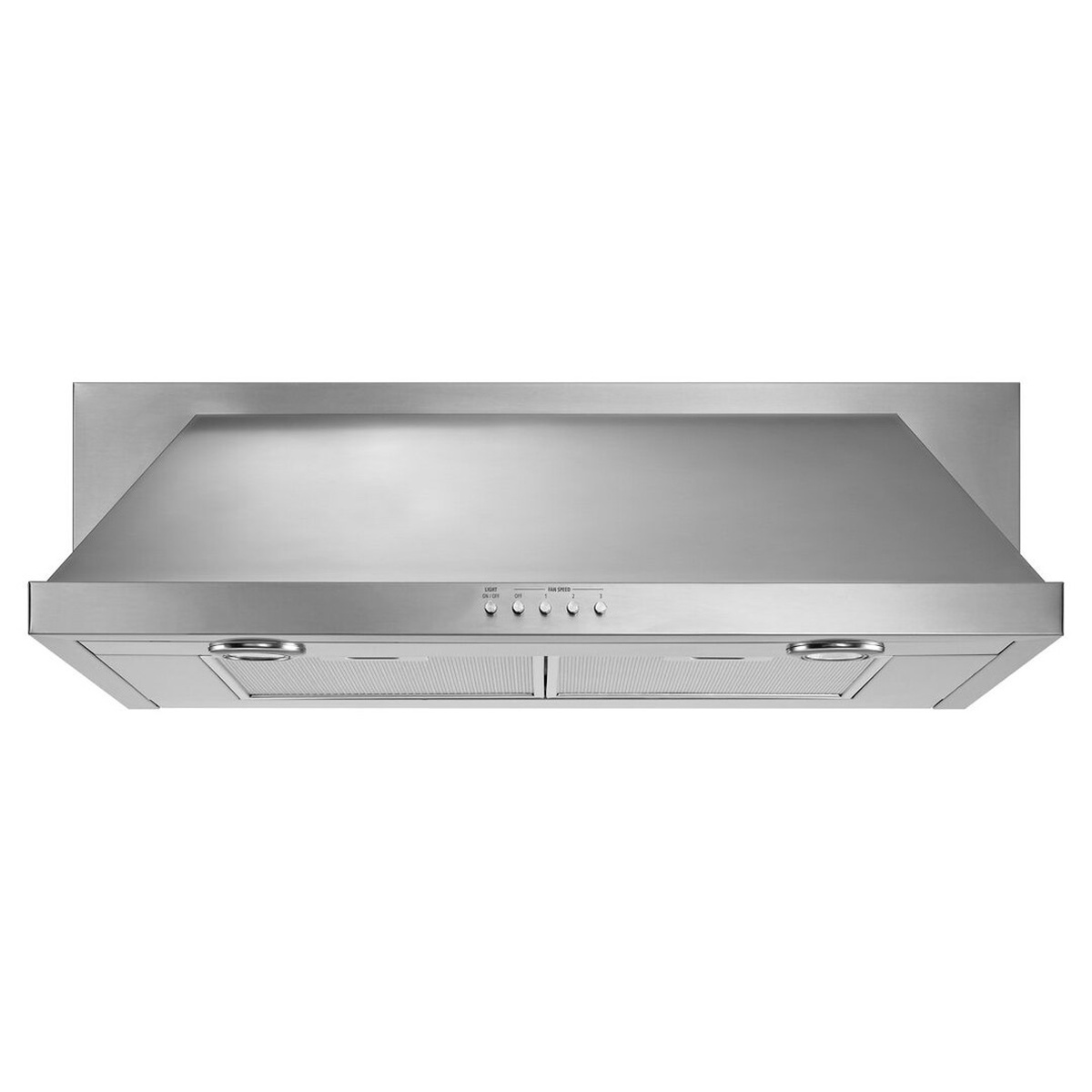 Front view of the Whirlpool UXT5536AAS stainless steel under-cabinet hood showing push-button control panel with light and fan speed controls, grease filters, and dual halogen lights