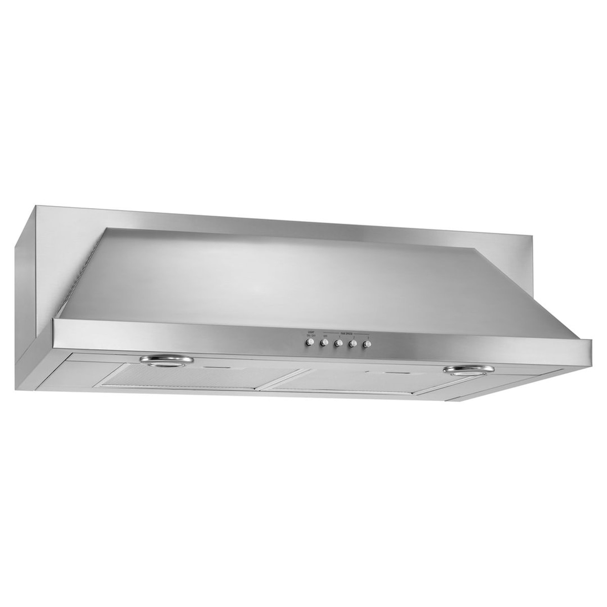 Angled side view of the Whirlpool UXT5536AAS stainless steel under-cabinet range hood showing full body, grease filters, halogen lights, and control panel