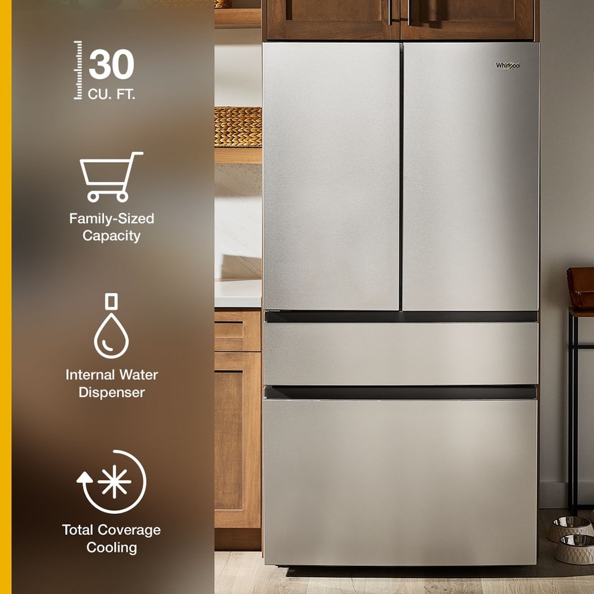 Infographic highlighting the WRMF3336SZ stainless steel French door refrigerator with callouts for 30 cu. ft. capacity, family-sized storage, internal water dispenser, and total coverage cooling