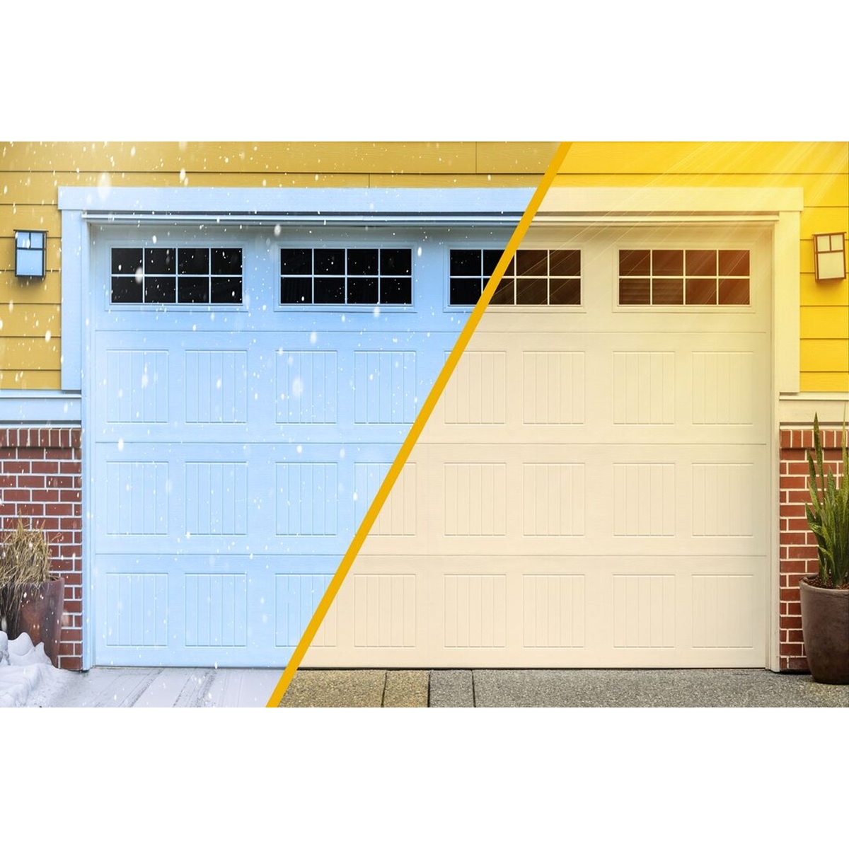 Split image of a residential garage door shown in cold snowy winter conditions on the left and warm sunny summer conditions on the right, illustrating Garage Ready performance across extreme temperature ranges.