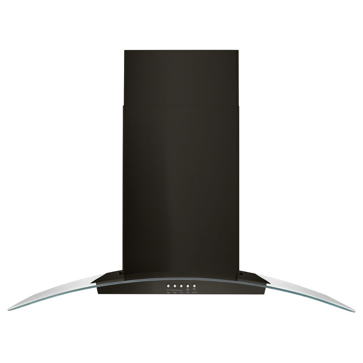 Whirlpool WVW51UC6HV 30-inch black wall-mount chimney range hood with curved glass canopy and front push-button controls