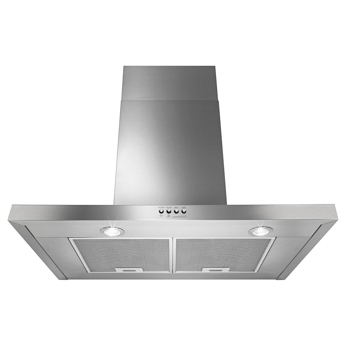 Underside view of the Whirlpool WVW57UC0FS range hood showing two LED task lights, dual mesh grease filters, and push-button control panel
