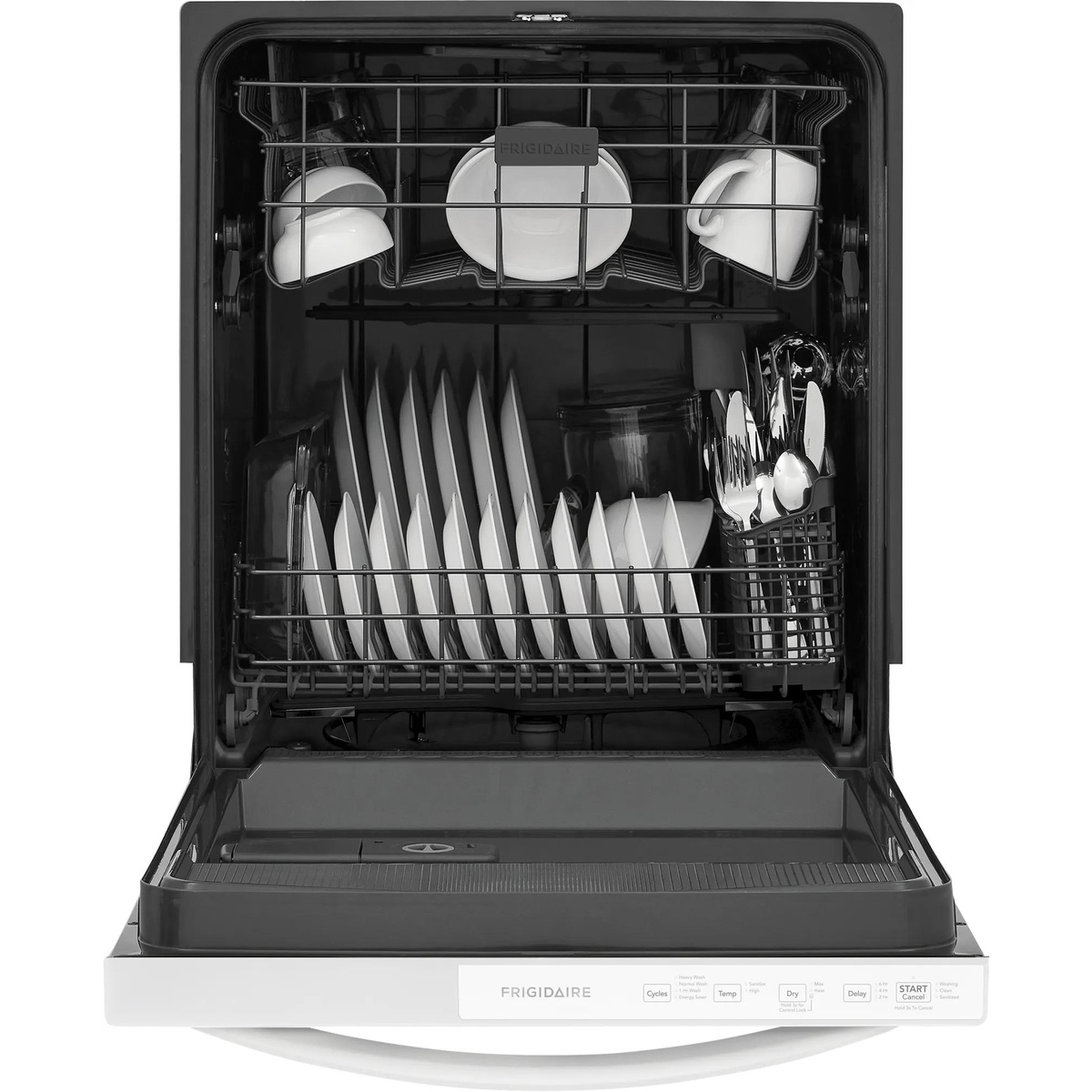Frigidaire FDPH4316AW white dishwasher open with upper and lower racks fully loaded with plates, bowls, mugs, and a silverware basket
